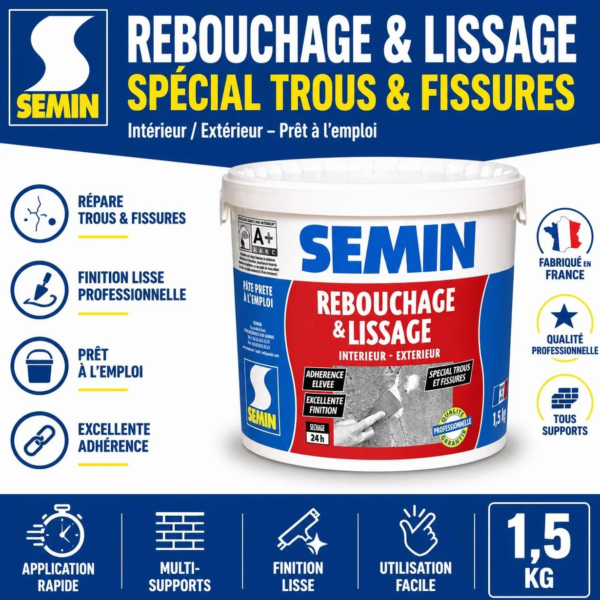SEMIN Enduit de Rebouchage en Pâte 1.5 kg – Spécial Trous, Fissures & Trous de Vis – Intérieur/Extérieur – Prêt à l’Emploi – Excellente Finition – Haute Adhérence