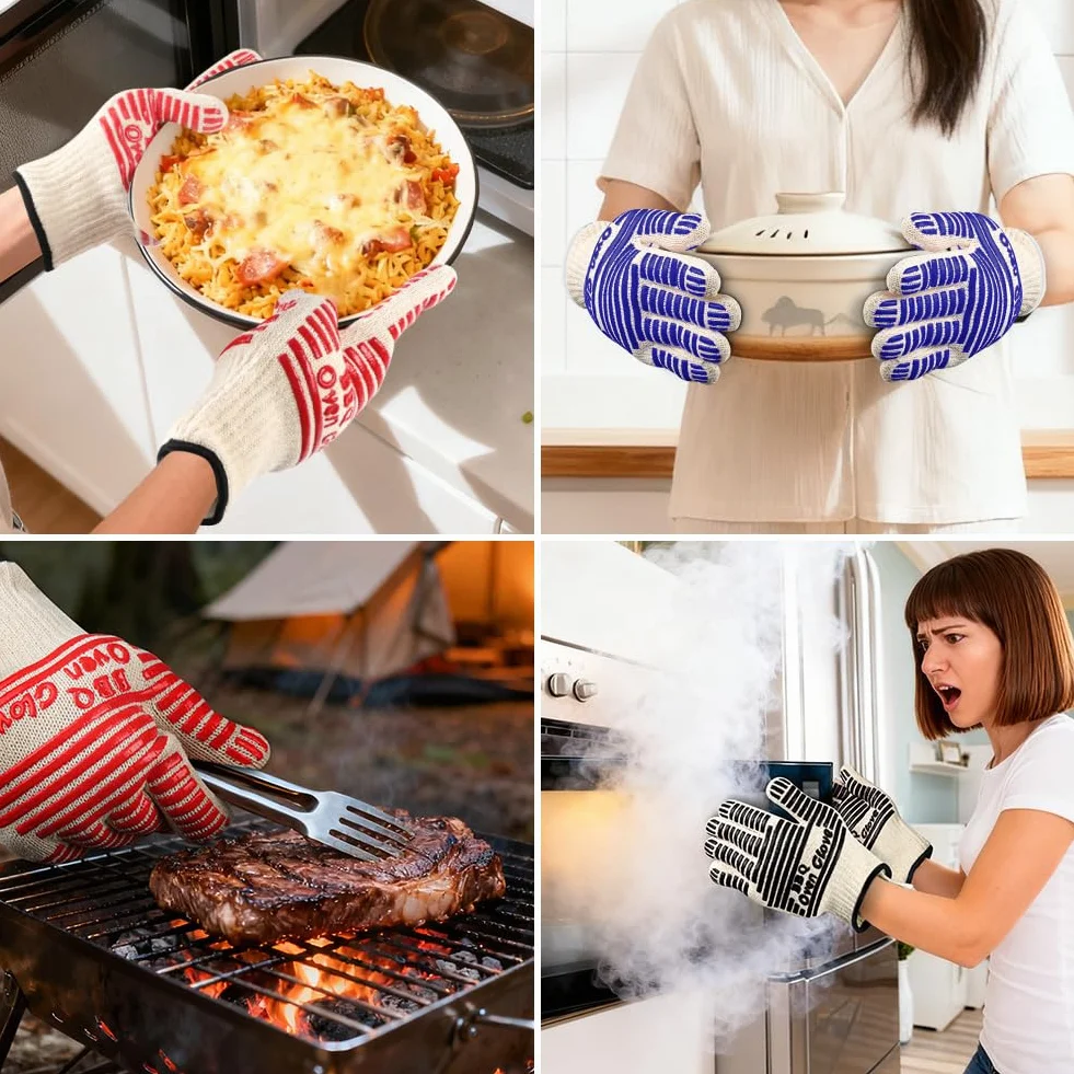 AUAUY Gants de Cuisine Silicone Anti Chaleur 500°C Antidérapants Barbecue 27cm Rouge