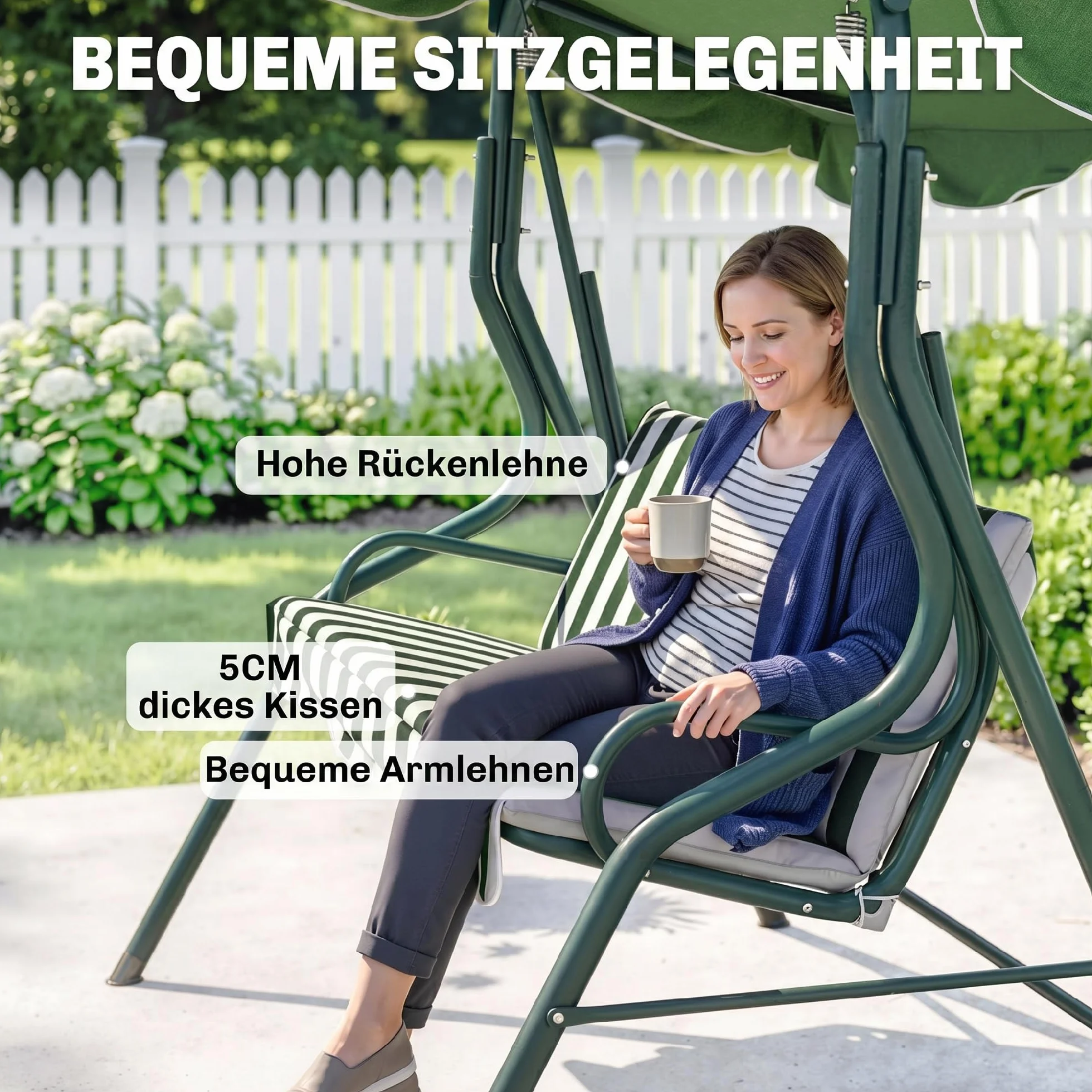 Outsunny Balancelle de Jardin 3 Places Toit imperméabilisé Inclinaison réglable Acier Polyester Vert Blanc rayé 1,7L x 1,1l x 1,53H m