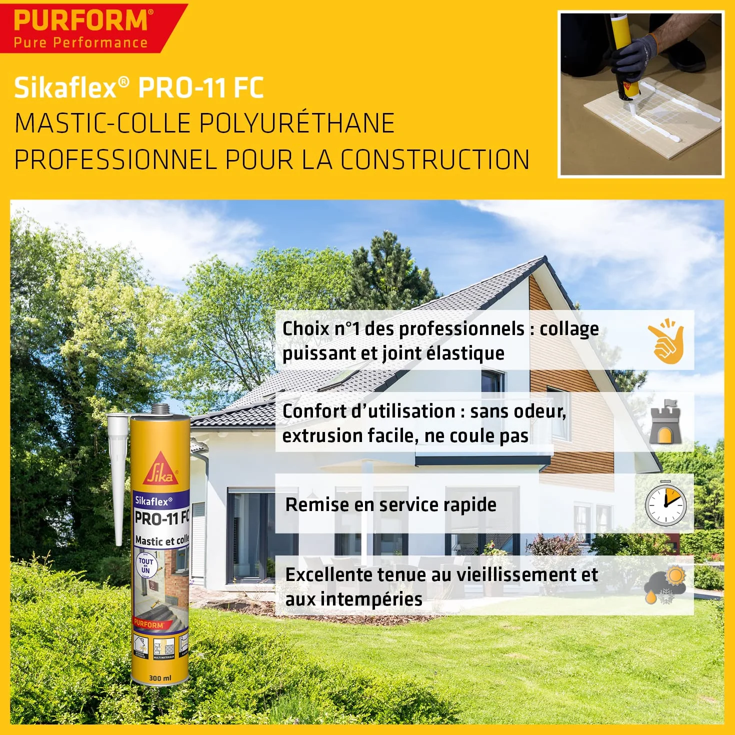 SIKA - Mastic polyuréthane PU tout en 1 - Sikaflex PRO 11 FC Purform Blanc - Collage puissant - Mastic multi-matériaux - Etanche - Intérieur et Extérieur - Construction et Bricolage - 300ml