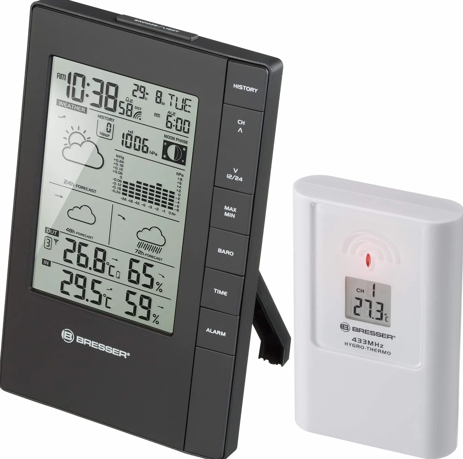 Bresser Station météo sans fil TemeoTrend FSX capteur extérieur prévisions 3 jours alerte gel pression atmosphérique humidité température réveil