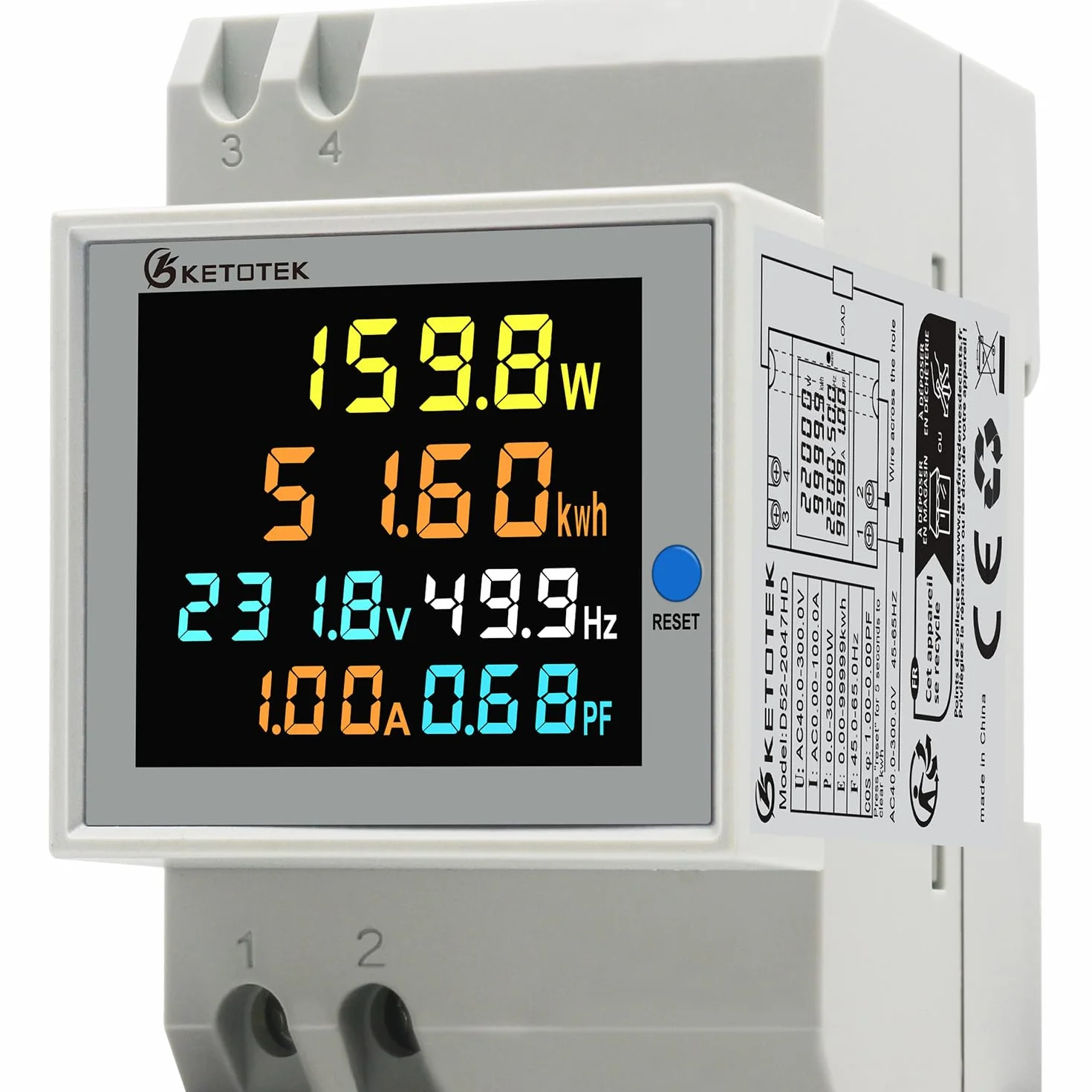 KETOTEK Compteur d'énergie monophasé Compteur d'électrique numérique AC 40-300V 100A Compteur Electrique 1 Phasé Wattmètre Rail DIN Mètre Watt KWh Voltmètre Ampèremètre