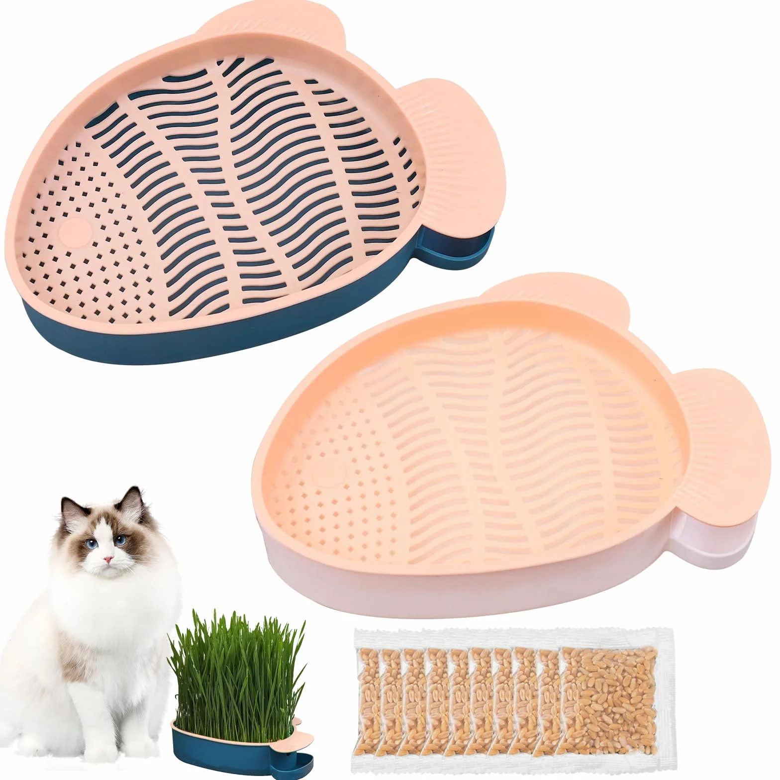Plateau de Croissance en Forme de Poisson pour Chat HOMURY - 2 Pièces Plastique, Boîte Hydroponique avec 10 Sacs de Graines