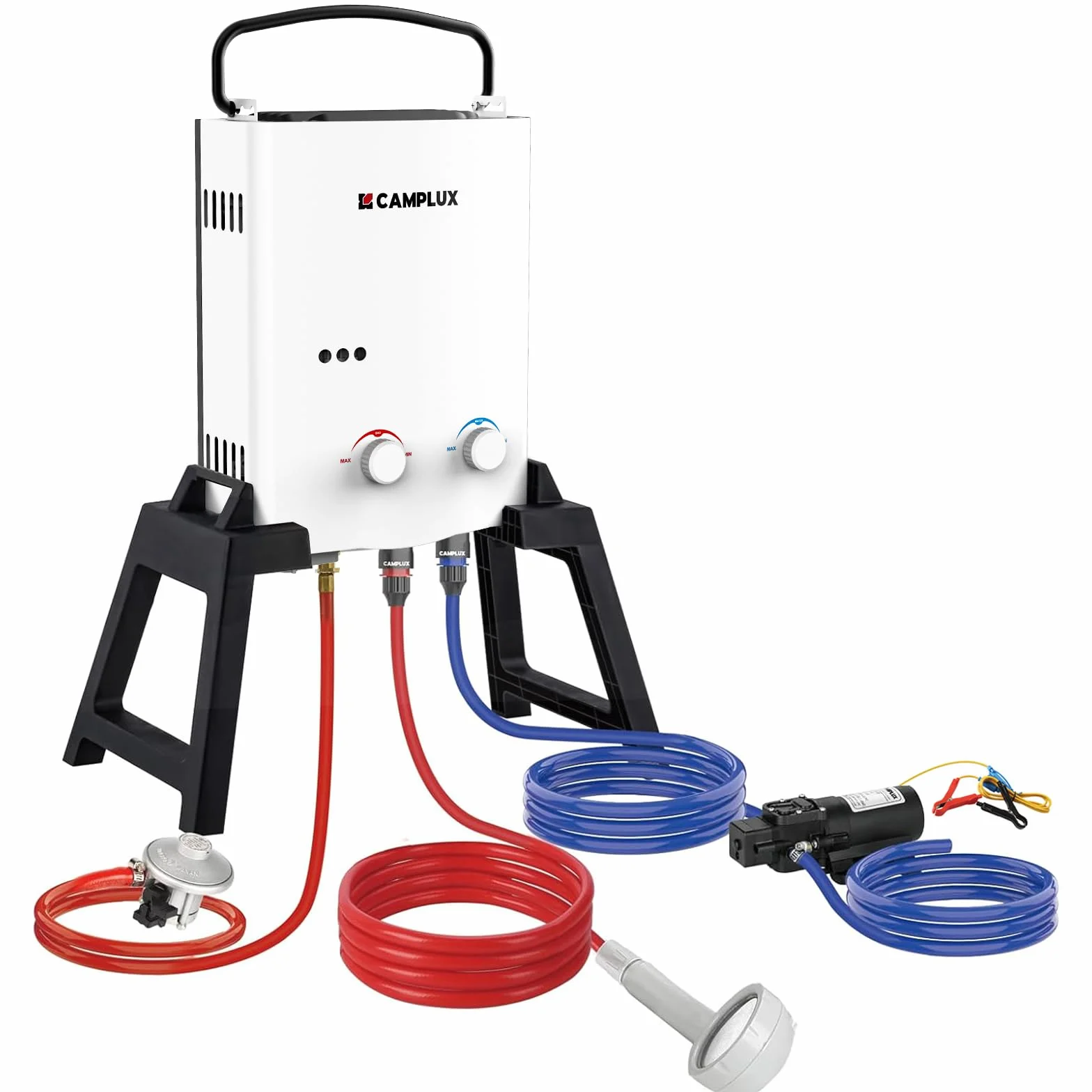 CAMPLUX AY132Max Chauffe-eau à Gaz 5 Litres Pompe à Eau Support Portatif Instantané Propane 37 mbar Butane 28-30 mbar