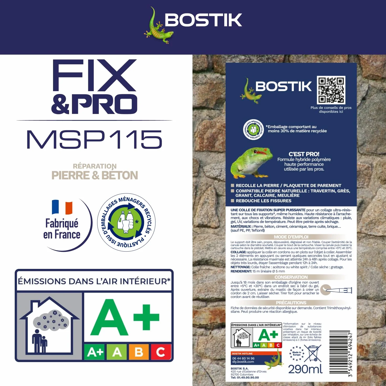 Bostik FIX&PRO MSP 115 – Ton Pierre – Mastic Colle et Joint Pierre Et Beton – Intérieur/Extérieur – Réparation de Pierre, Béton, Ciment, Brique ... – MS Polymère – 290 ml