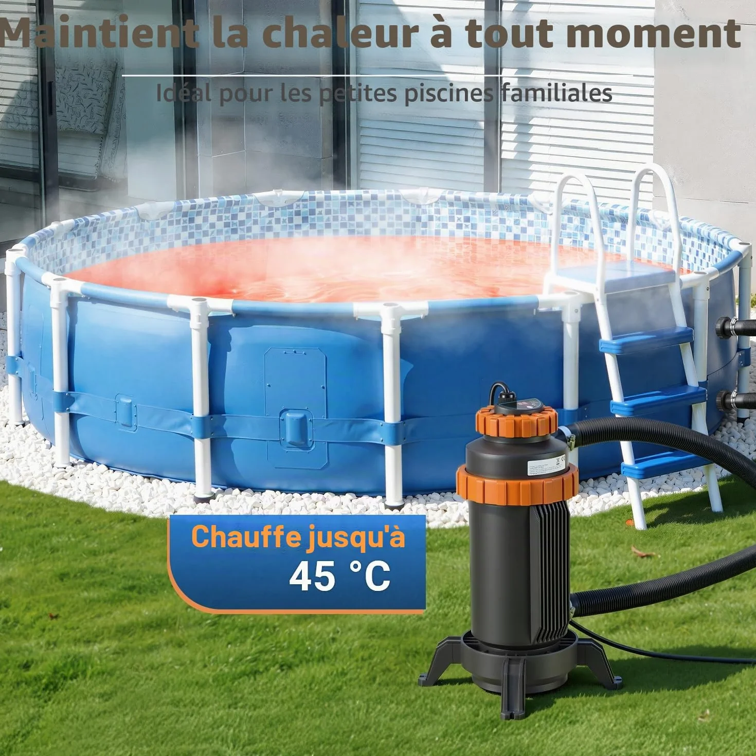 Chauffage de piscine électrique 3 kW avec affichage numérique et protection de sécurité 4 positions, raccord 32-38 mm, chauffe jusqu'à 45 °C, accessoires piscine hors sol
