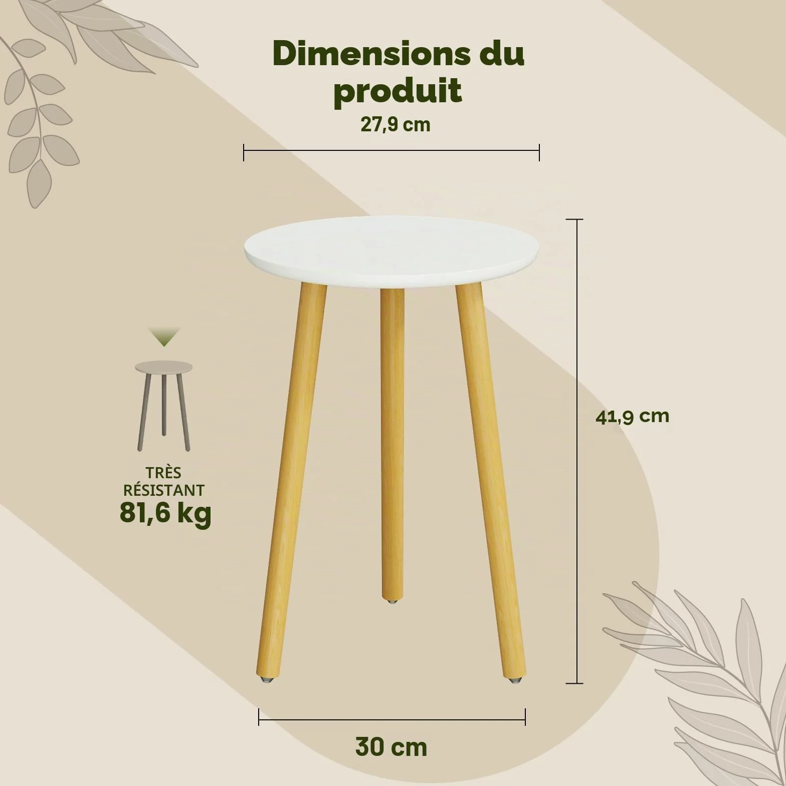Bamworld Support pour Plantes d'Intérieur en Bois Rond, Table d'Appoint Moderne Style Milieu du Siècle - Blanc