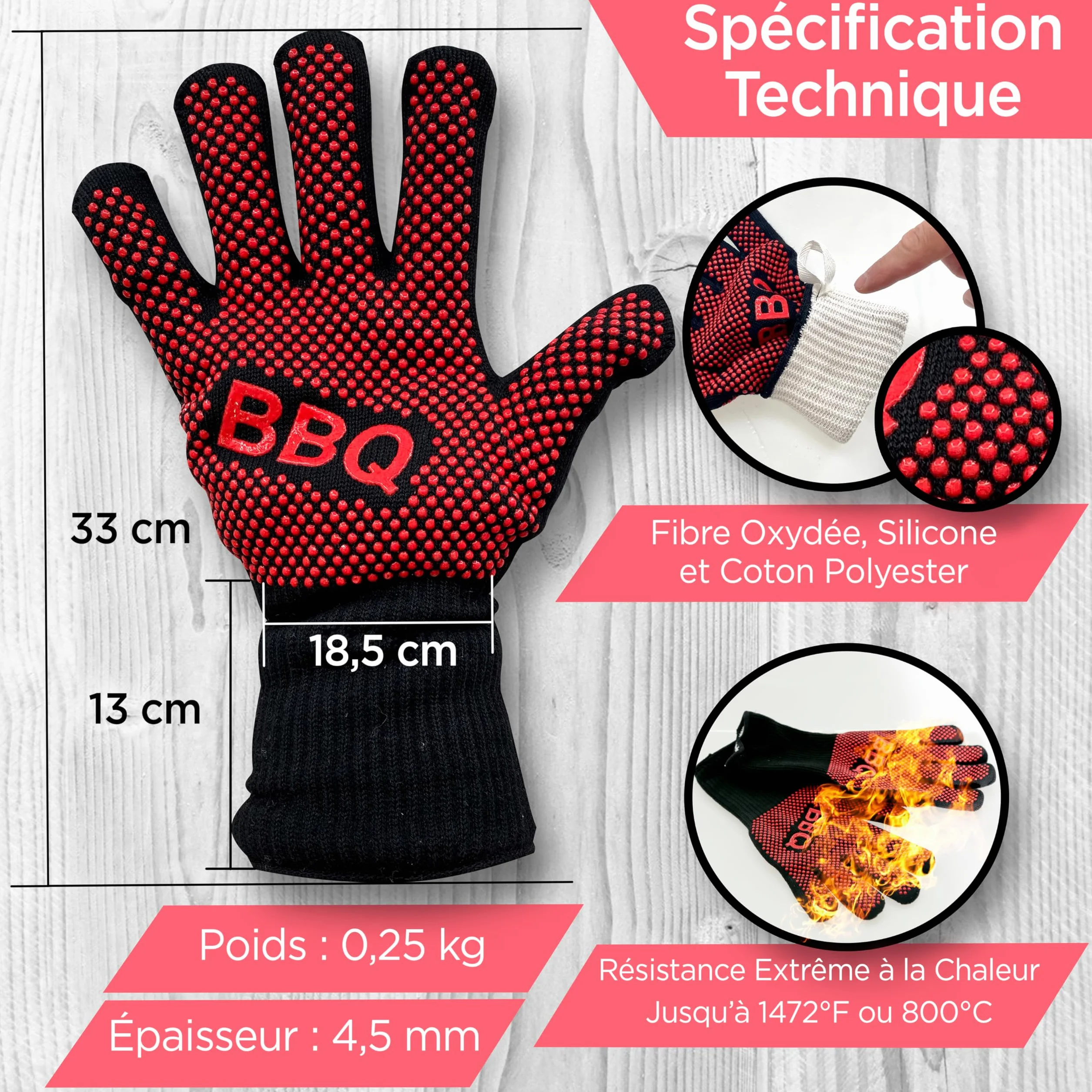 Nutrichef Gants de Barbecue Thermiques Anti Chaleur 800°C, Gants de Cuisine Anti Brûlure avec Silicone Antidérapant