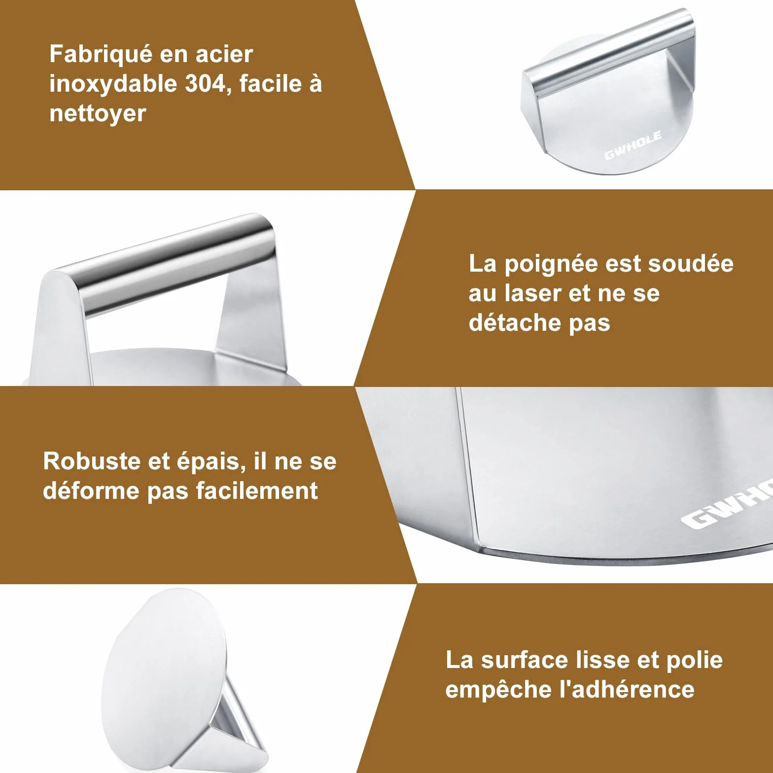 GWHOLE Presse Steak Haché Antiadhésive en Acier Inoxydable 304 pour Hamburger Smash Burger
