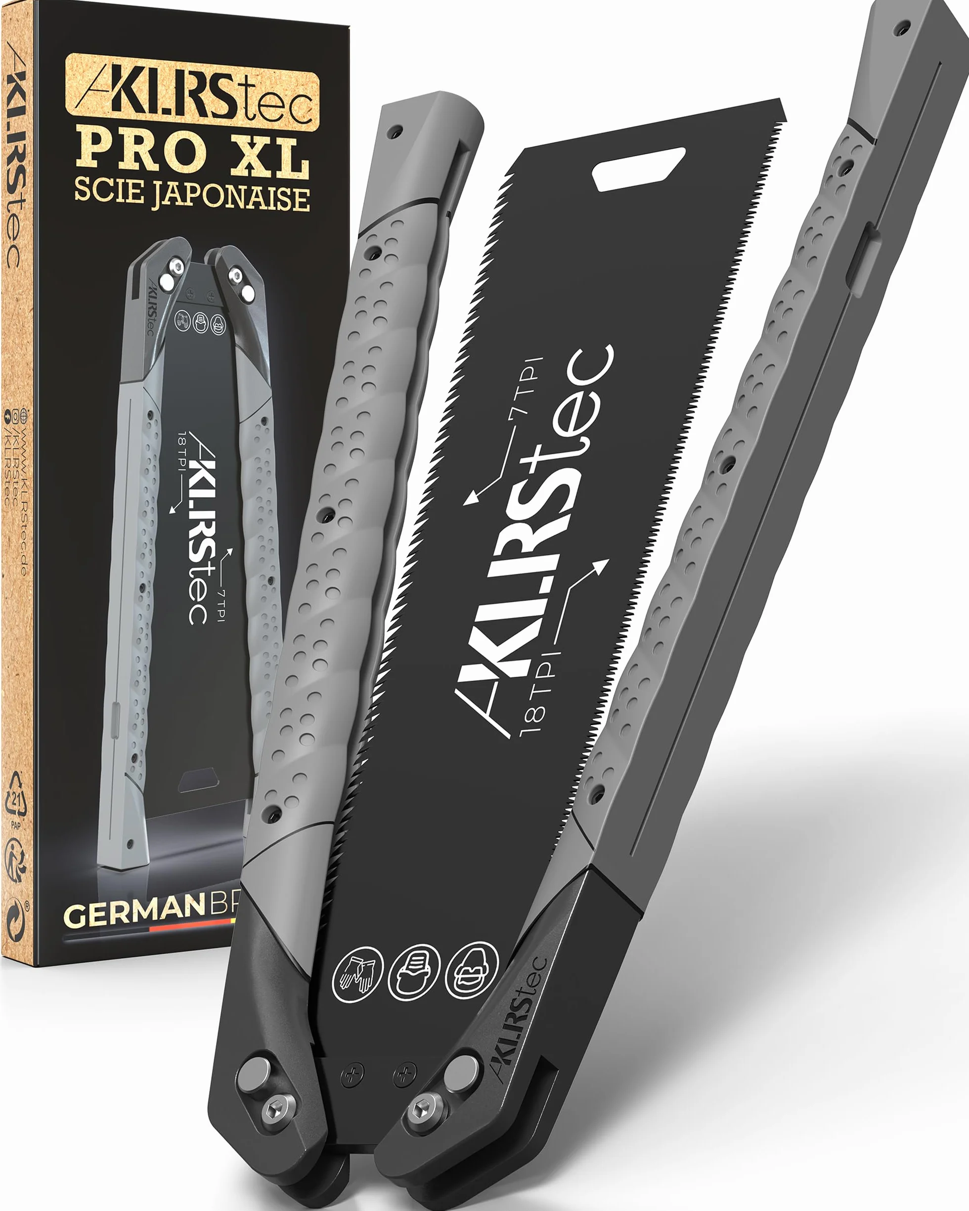 KLRStec Scie japonaise PRO XL - Lame de scie dentelée des deux côtés [240mm] en acier au carbone - Scie de traction pliable avec poignée TPU antidérapante