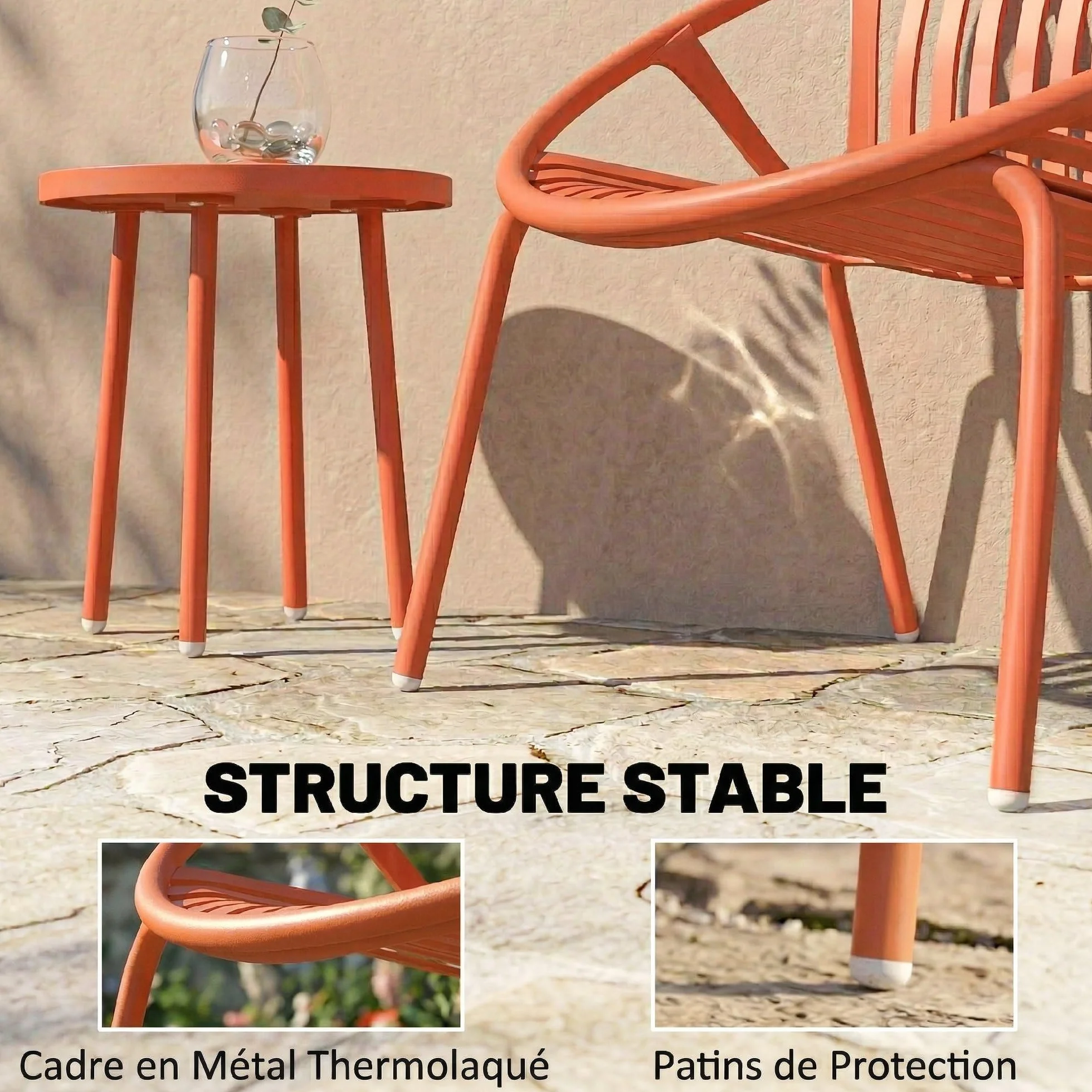 Outsunny Salon de Jardin 3 Pièces Acier Polypropylène Ensemble Bistro Table Basse Plateau Concave Mobilier Extérieur Design Terrasse Balcon Piscine Rouge Brique