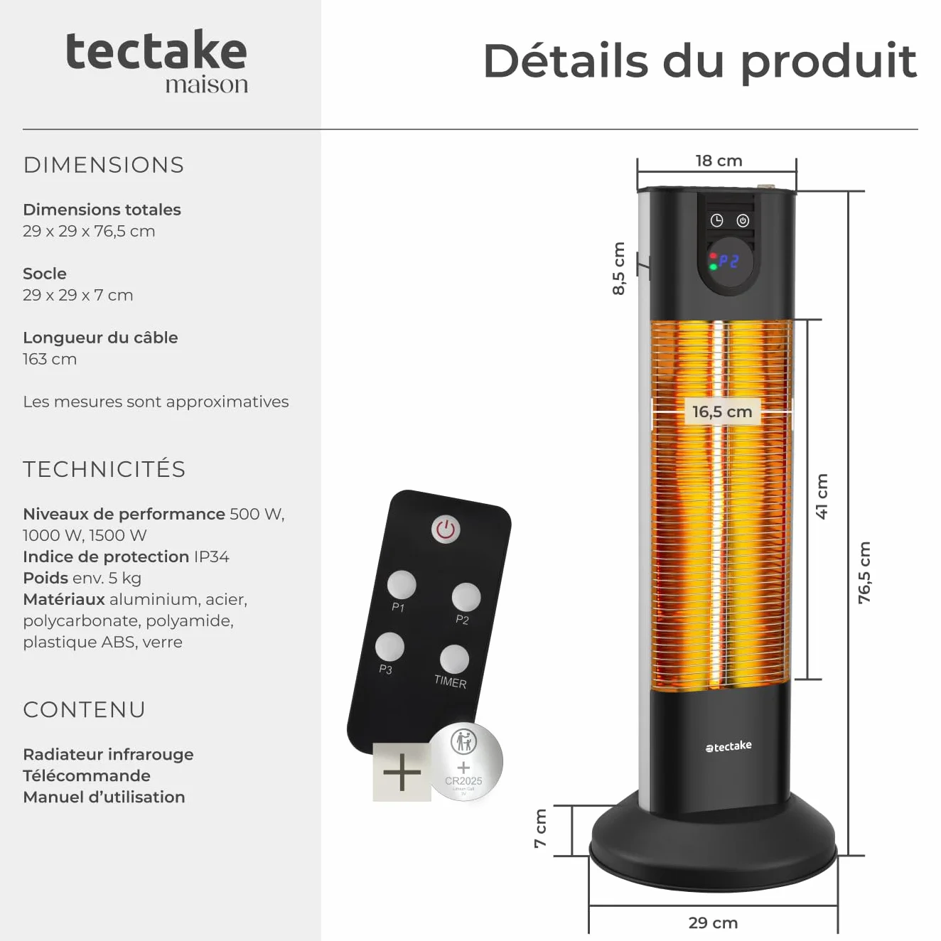 Tectake Chauffage Électrique Infrarouge Silencieux 500W 1000W 1500W Chauffage Extérieur Terrasse