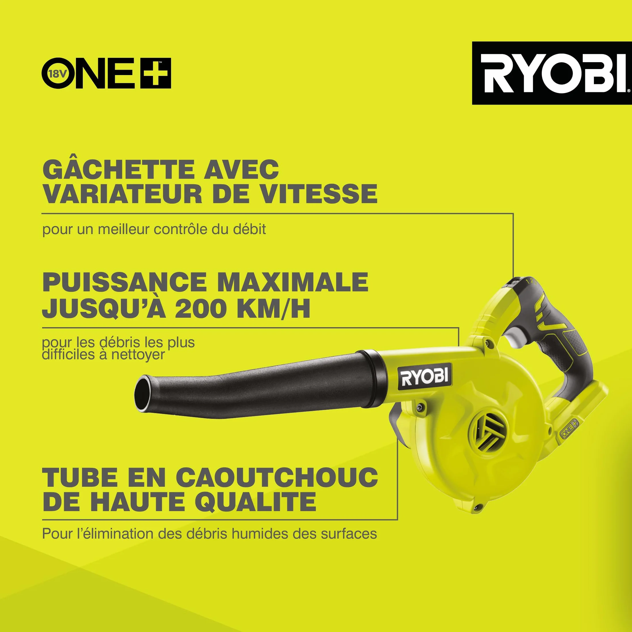 RYOBI Souffleur de Chantier sans Fil 18V One+ R18TB-0 3 Vitesses Compact