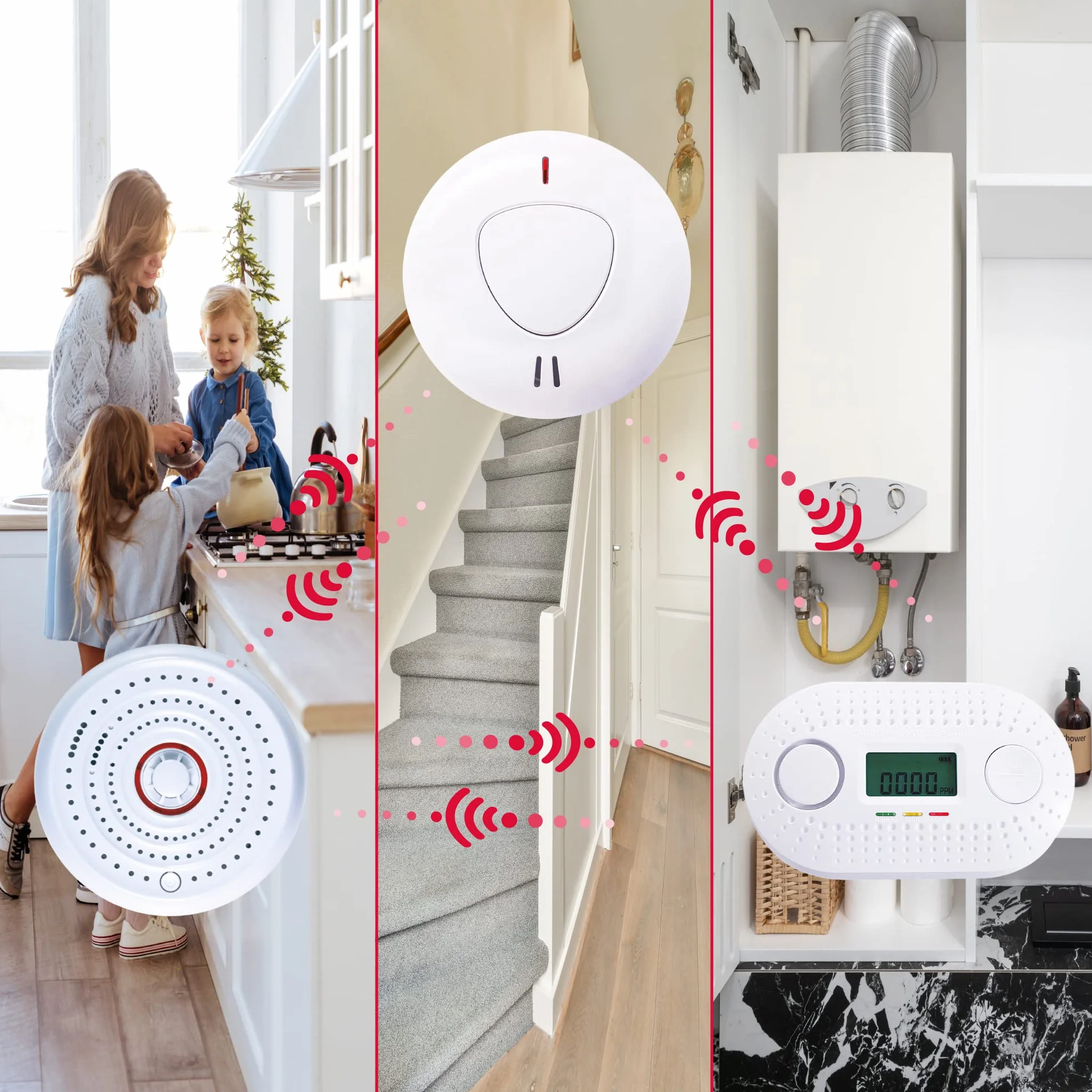 Alarme de Fumée (x3), de Chaleur (x1) et de Monoxyde de Carbone (x1) Interconnectée - Détecteur d'Incendie avec 10 Ans d'Autonomie - Alarme Maison - Idéal de Cuisine, Magasin, Bureau et Maison