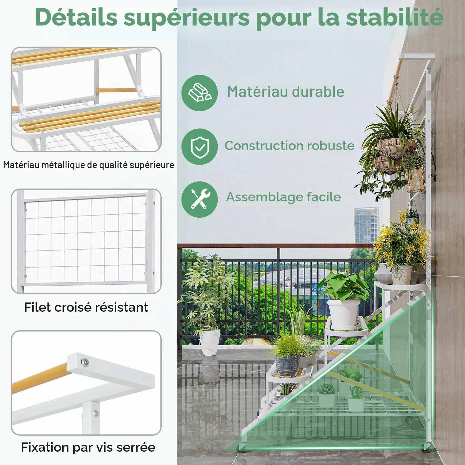HOMASIS Support de plantes 4 niveaux avec treillis métal sur roulettes blanc naturel