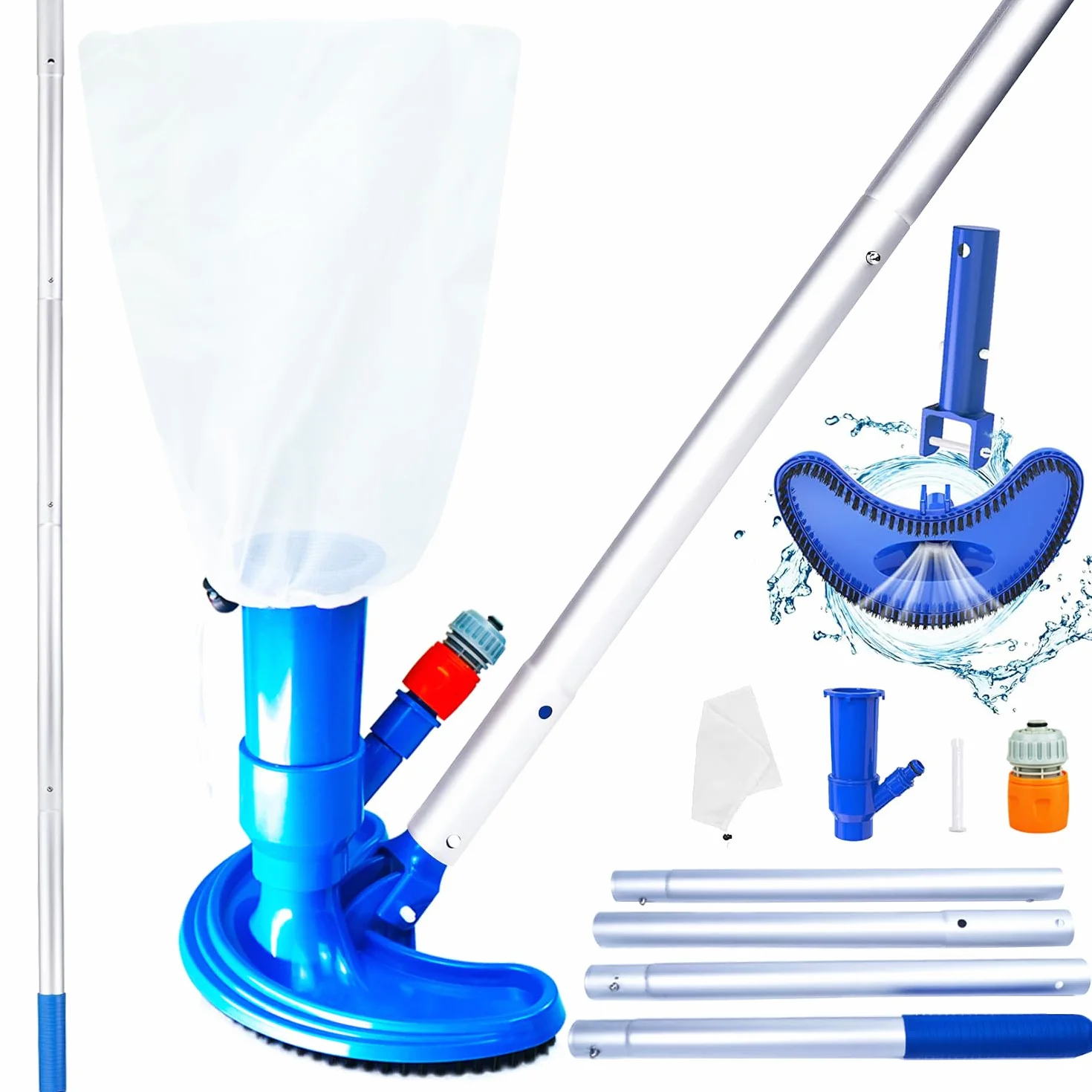 Aspirateur de Piscine Kit de Nettoyage 1.5M Tête d'aspirateur Perche Télescopique Tige Aluminium Détachable Jacuzzi Fontaine Aquarium Étang Brosse