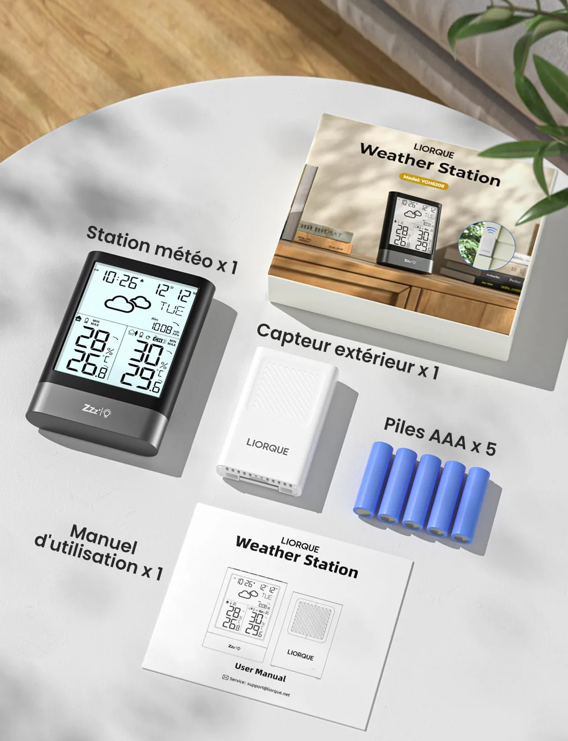 LIORQUE Station Météo Sans Fil avec Capteur Thermomètre Hygromètre Baromètre Extérieure LCD Horloge Alarme Snooze