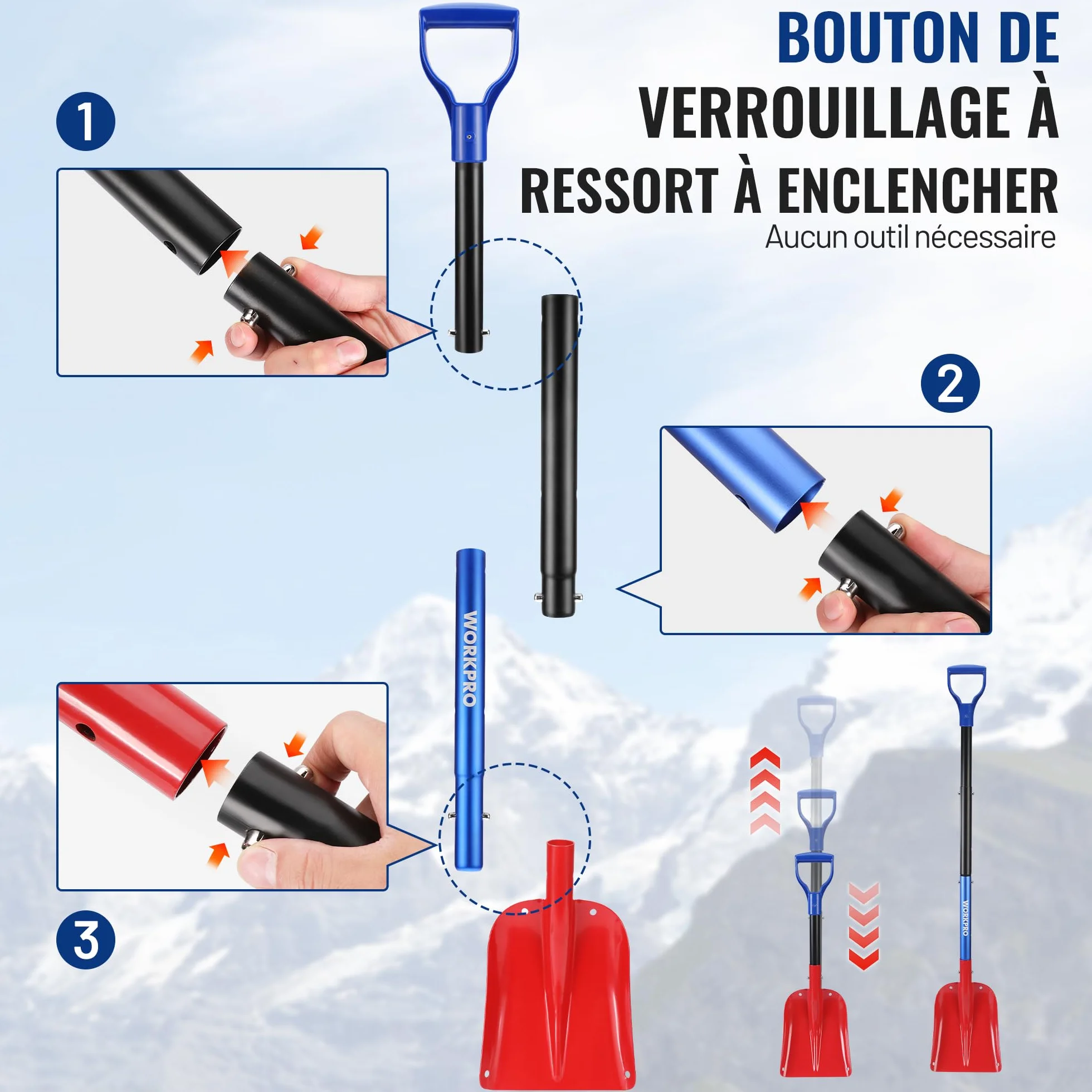 Pelle à Neige en Aluminium Réglable WORKPRO avec Manche Télescopique et Sac de Rangement