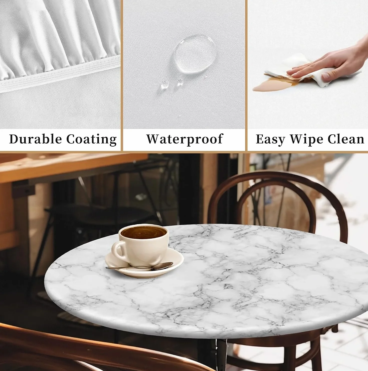 Nappe Ronde d'extérieur 90 cm (36 Pouces) imperméable extensible avec Bande élastique - Marbre Blanc