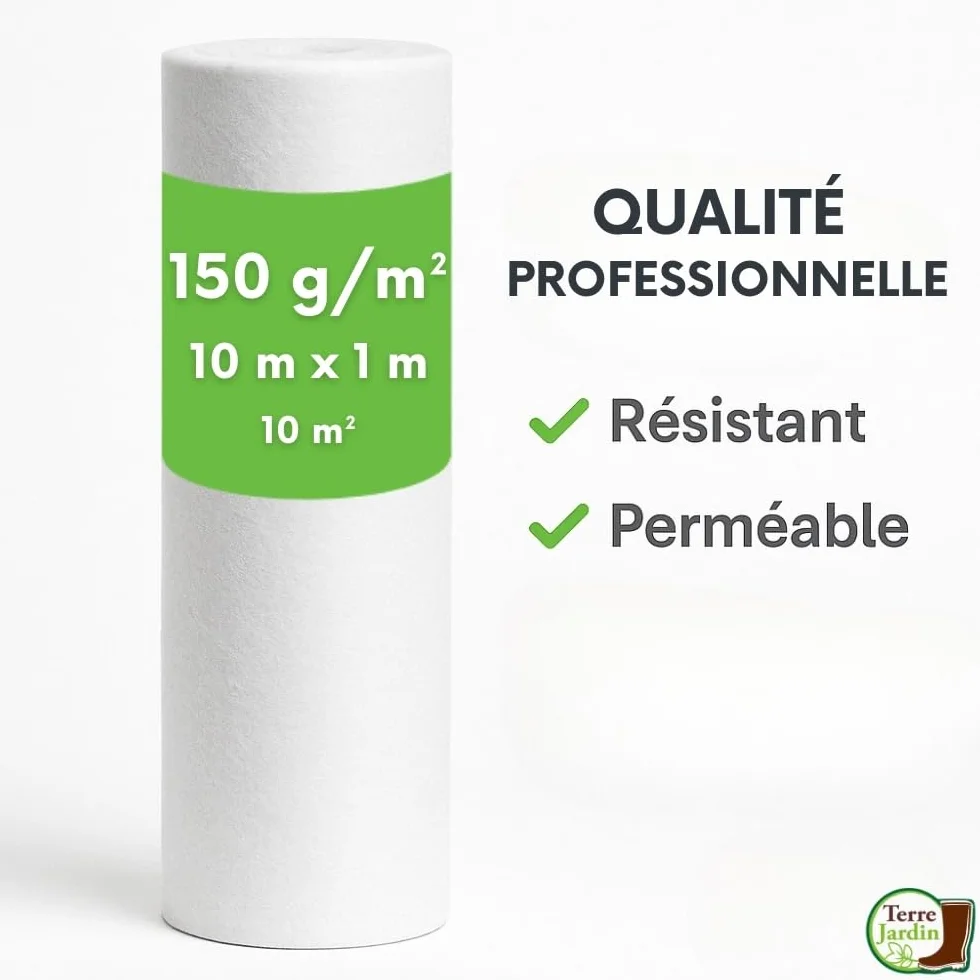 Rouleau Géotextile Non Tissé 1 x 10 m 150g/m2 Polyester Toile de Paillage Anti-Mauvaises Herbes