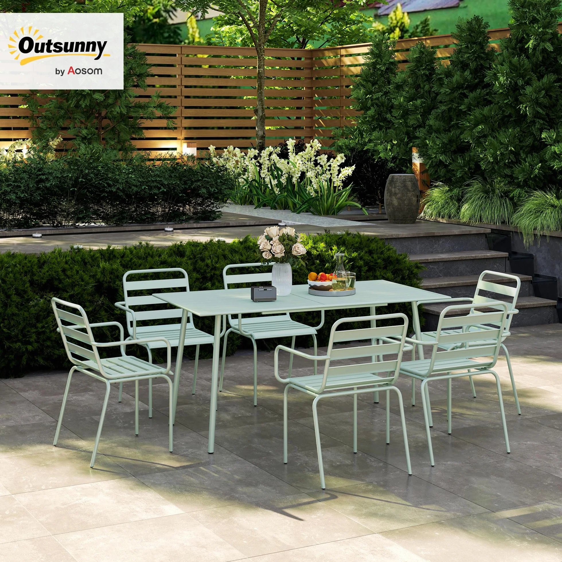 Outsunny Salon de Jardin 7 pièces Table et Chaises empilables Acier Vert Clair