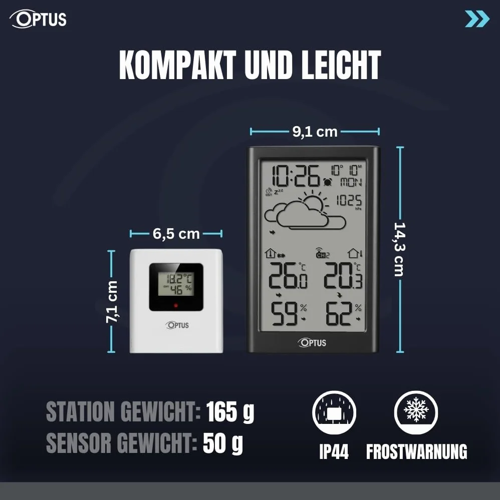 Station météo sans fil Optus avec capteur extérieur, horloge DCF, alerte gel, noir