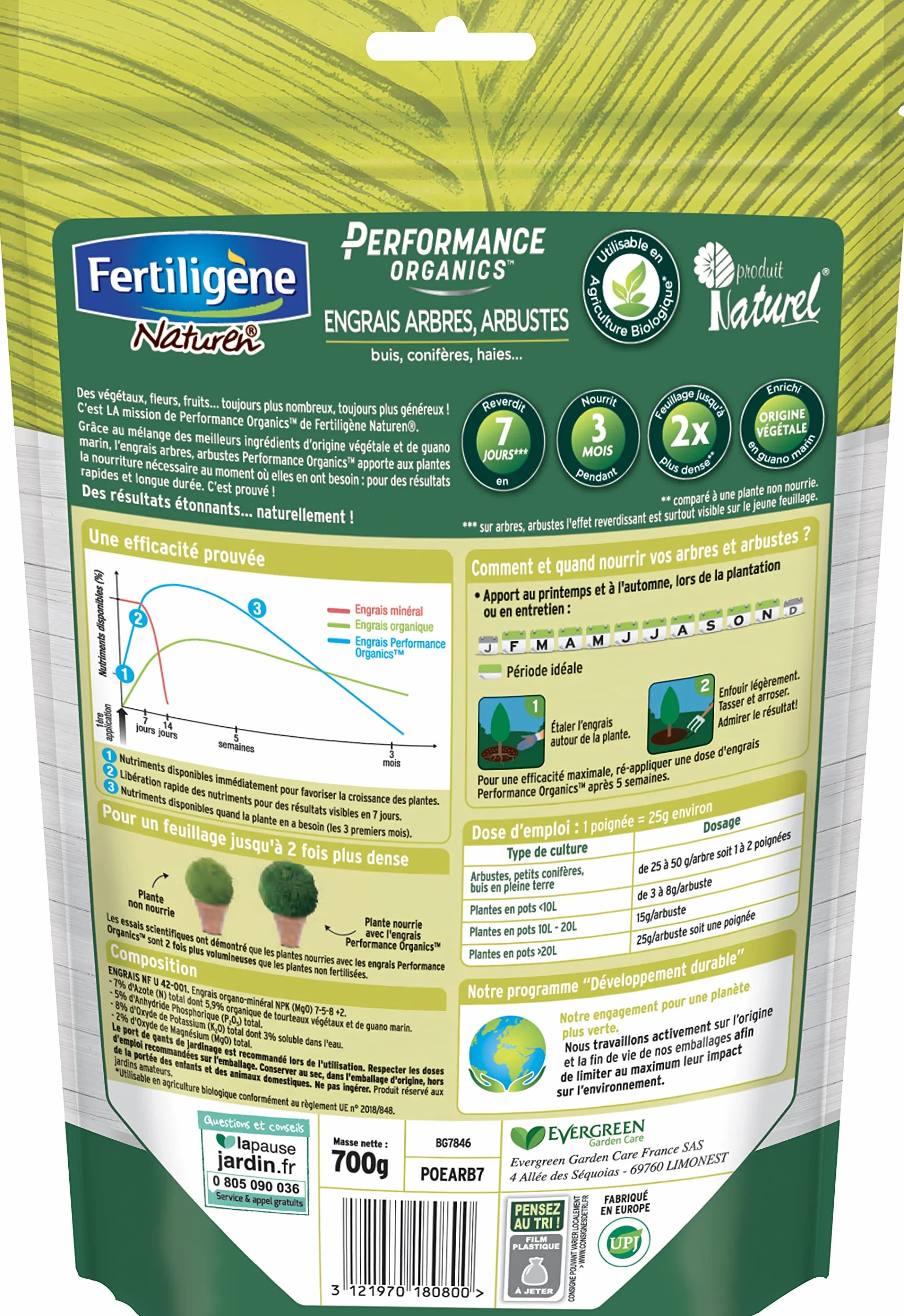 FERTILIGÈNE Naturen Engrais Performance Organics Arbres Arbustes Buis 700g