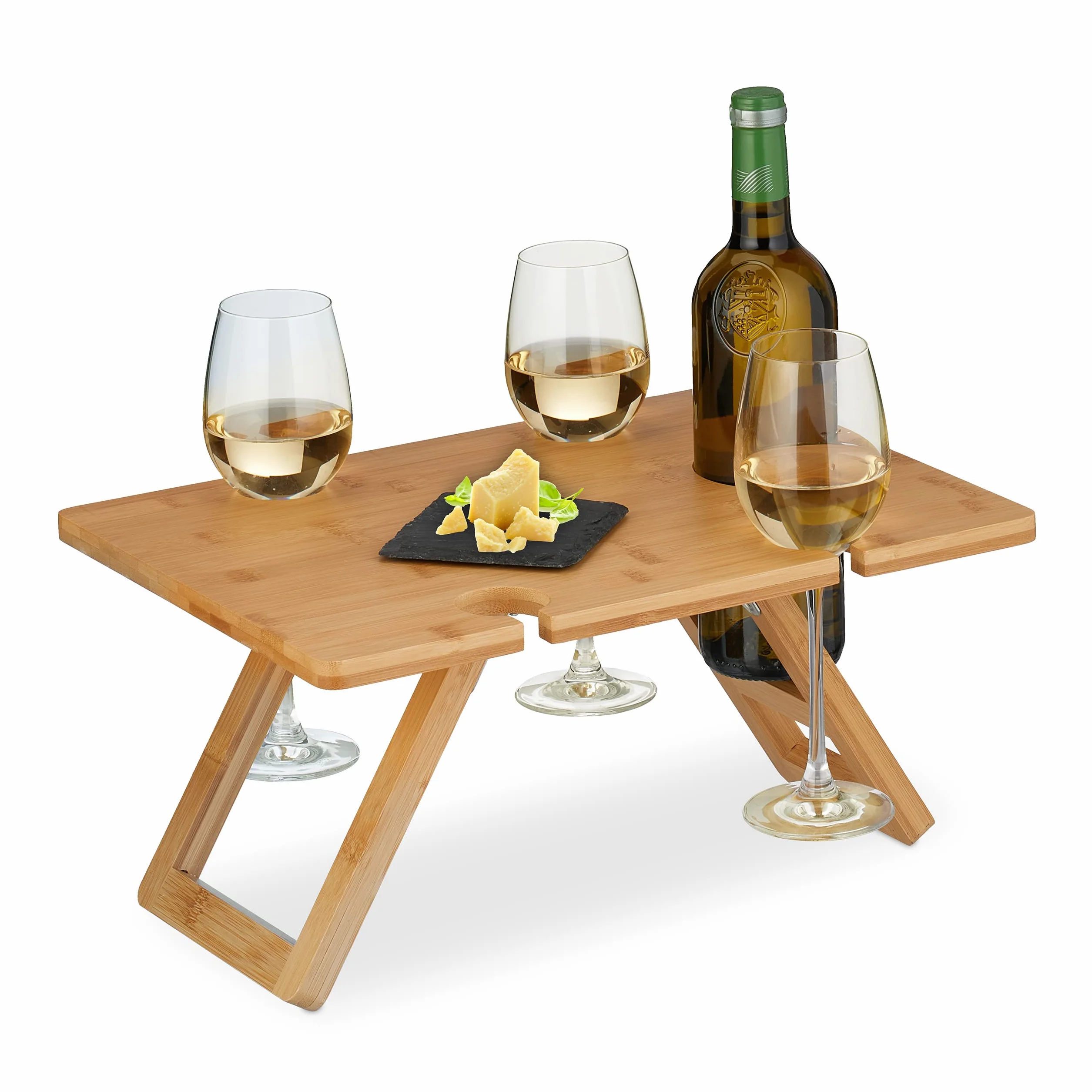 Relaxdays Mini-Table Portative en Bambou Nature, 20x40x30 cm, Encoche 4 Verres de Vin et 1 Bouteille