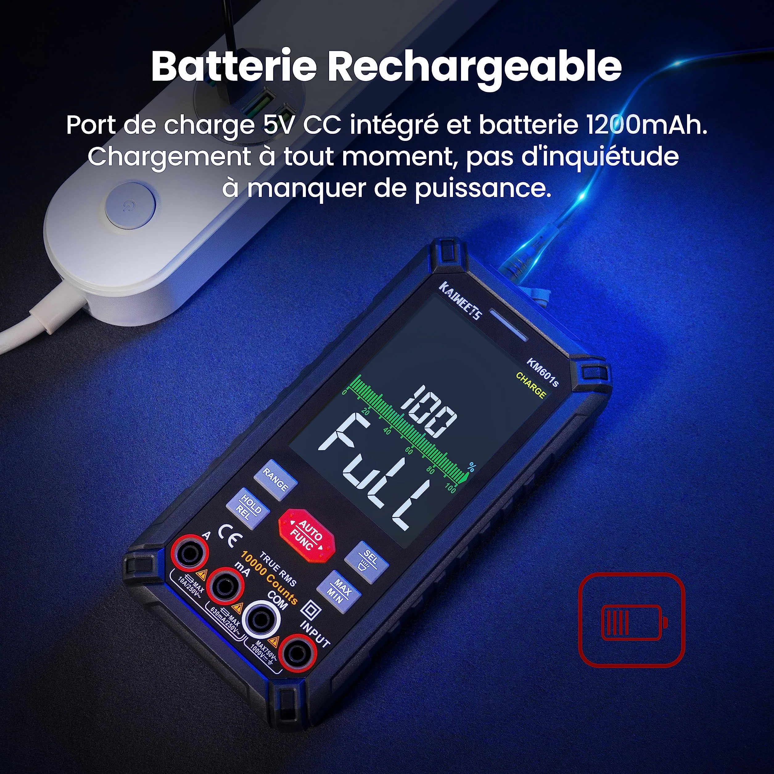 KAIWEETS Multimètre Automatique Rechargeable 10000 Comptes, Multimètre Numérique Professionnel, Testeur Electrique, Mesure de Courant Tension Résistance Continuité Capacité Diode Fréquence