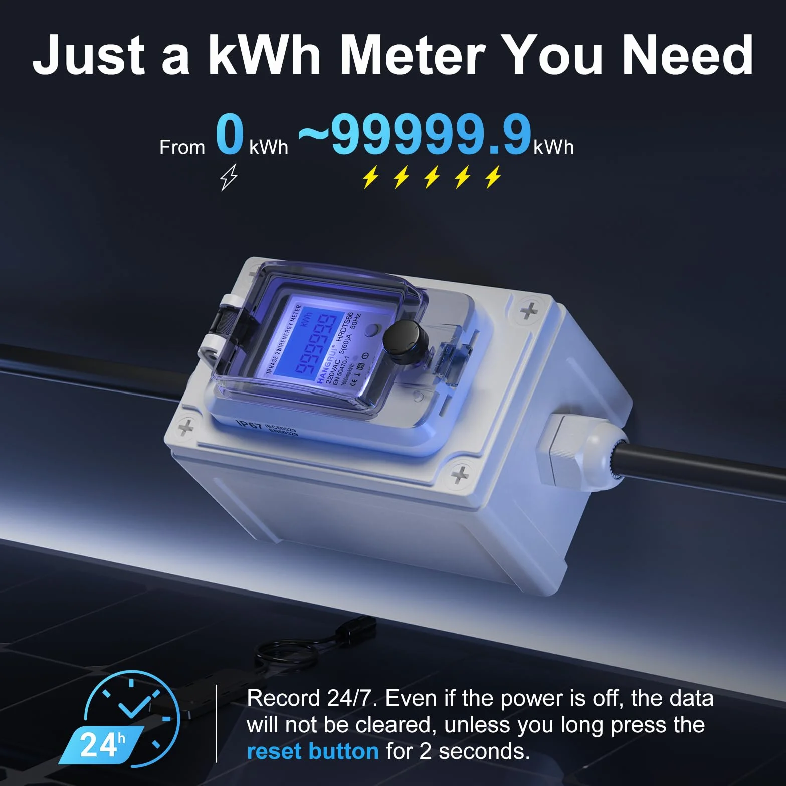 BreeRainz Compteur de courant numérique mobile 60 A 230 V, compteur électrique étanche IP67 kilowatts avec prise CEE Schuko universelle, fonction mémoire de coupure de courant, pour appareils