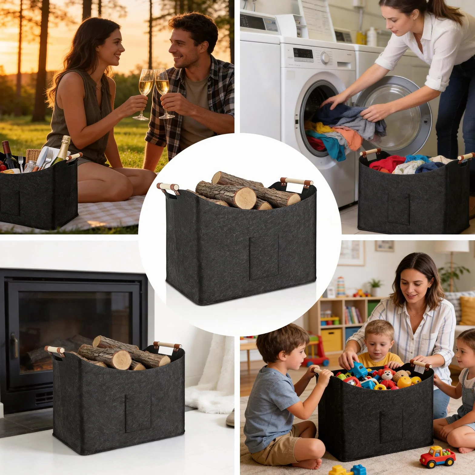 Sac en feutre pour bois pliable 60x40x40cm 96L Gris foncé