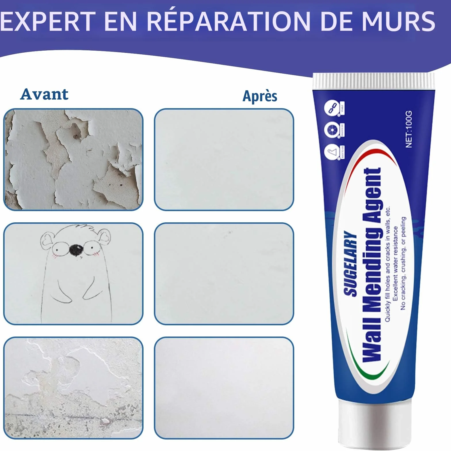 Crème de Réparation Murale, Enduit de Rebouchage Imperméable et à Séchage Rapide, Enduit de Rebouchage Pâte de Murs qui Répare Efficacement les Rayures, Trous, Fissures, Graffitis (100g -1 pièce)