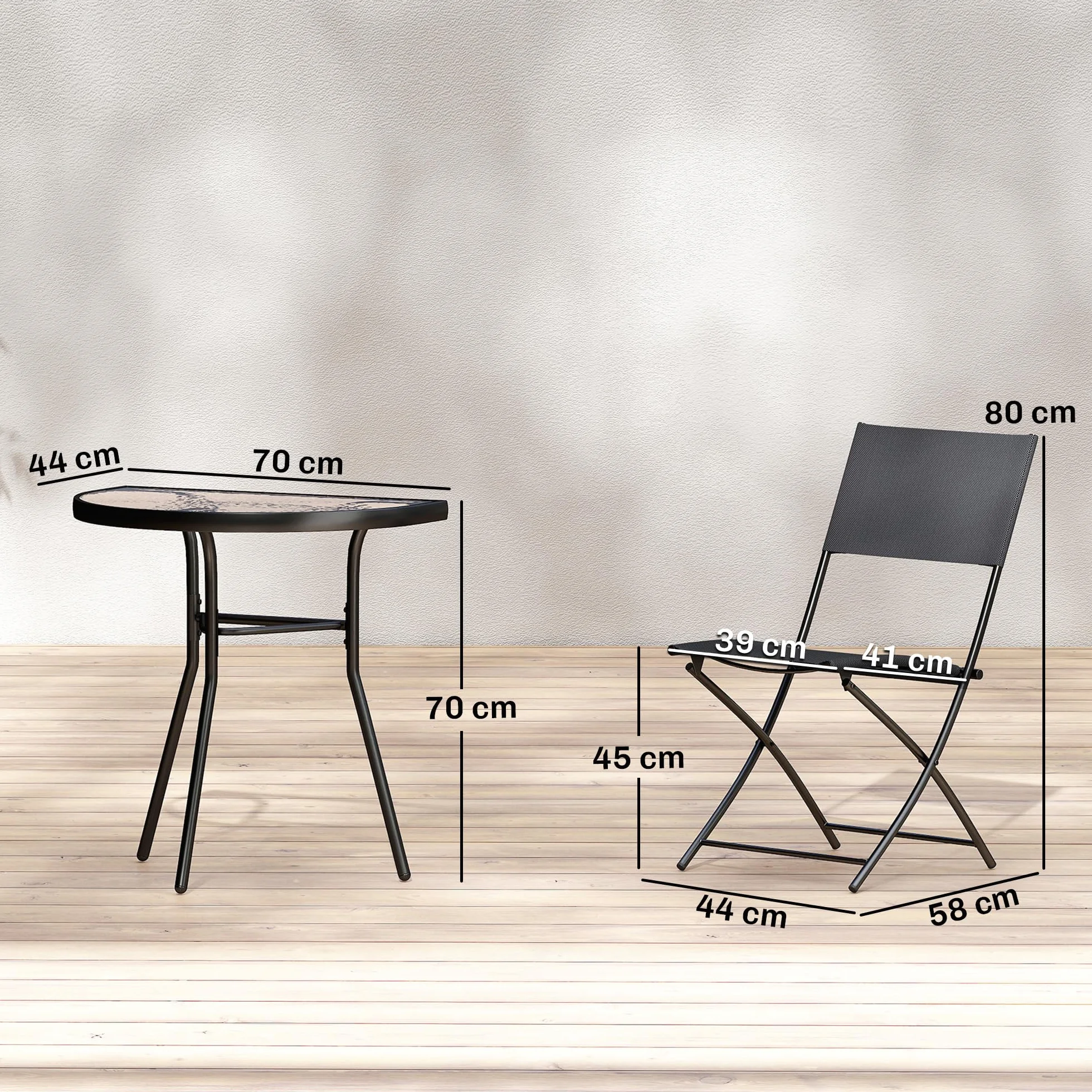Outsunny Ensemble Salon Jardin Bistrot 3 Pièces Table Semi-Circulaire 2 Chaises Pliantes Maille Cadre Métallique Noir