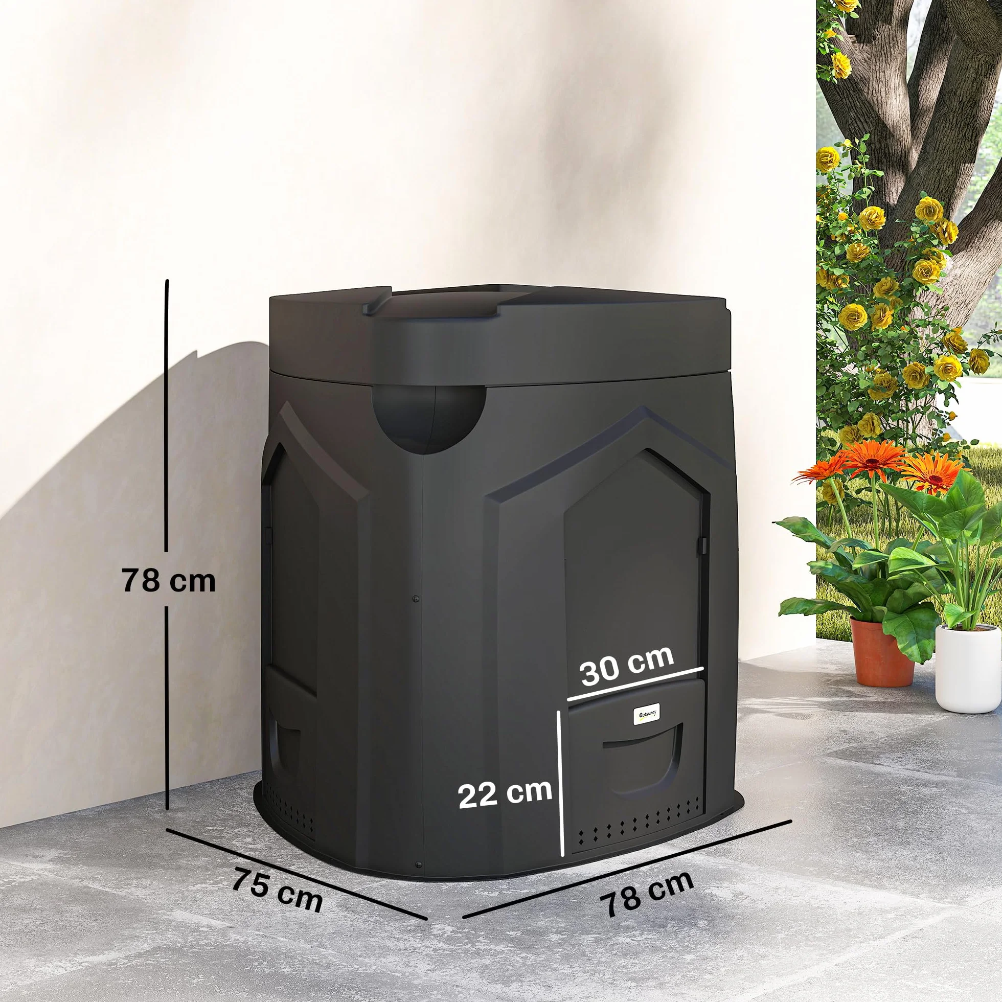 Outsunny Composteur de Jardin 240L Bac à Compost Triangulaire 78x75x78 cm Polypropylène 3 Portes Noir
