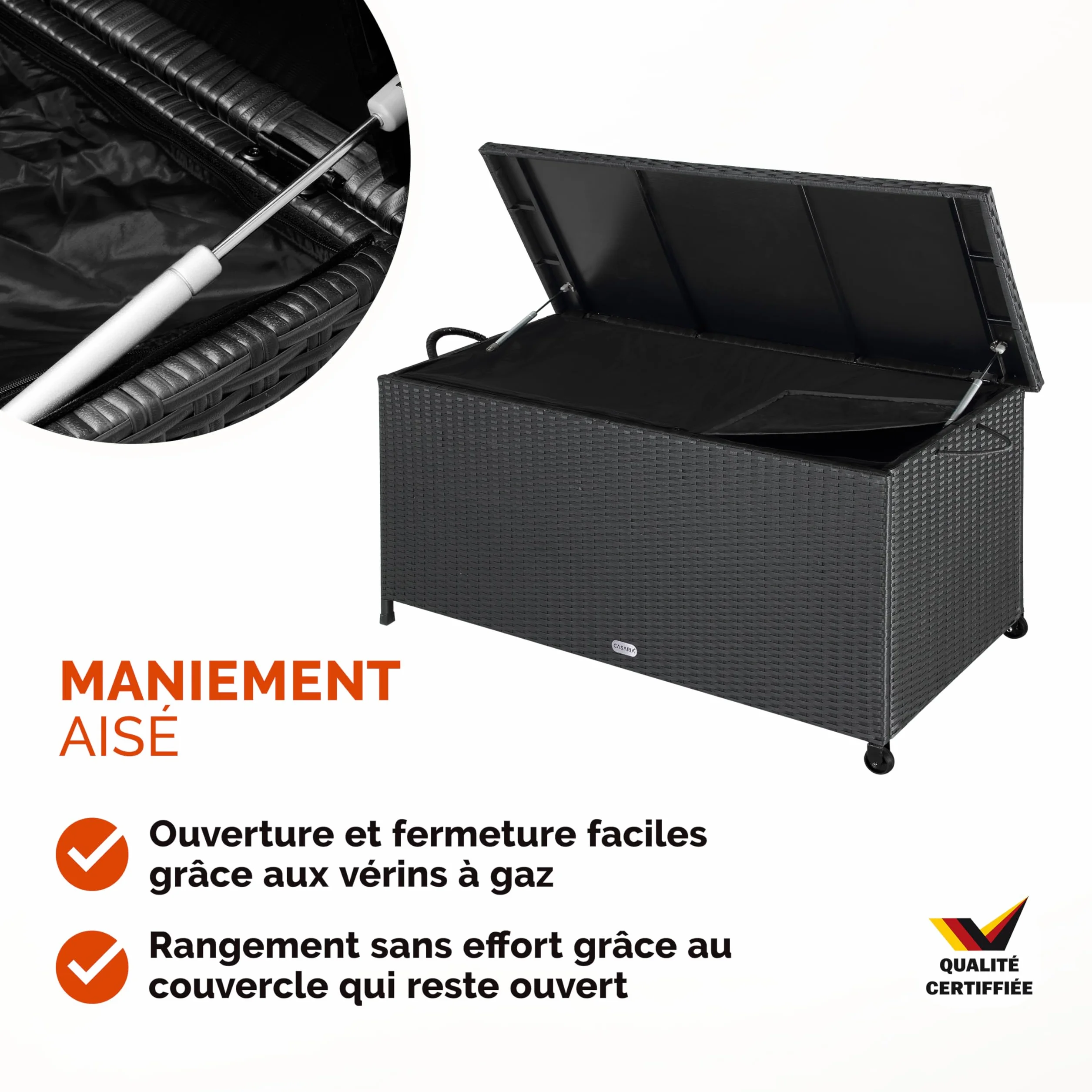 Casaria Coffre de jardin XXL Noir 270 L Polyrotin étanche Vérin à gaz 117x53x60 cm