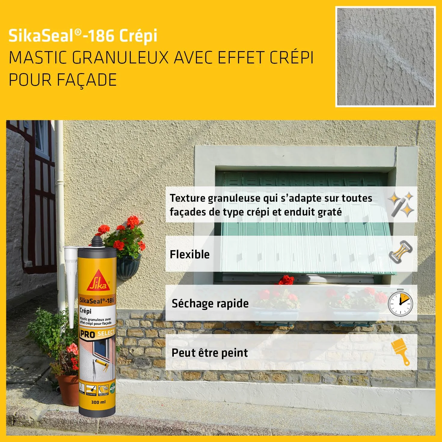 SIKA - Mastic granuleux - SikaSeal-186 Crépi blanc - Joints de raccordement et fissures - Façades extérieures - Effet crépi - Résistant aux UV - Multi-supports - 300 ml