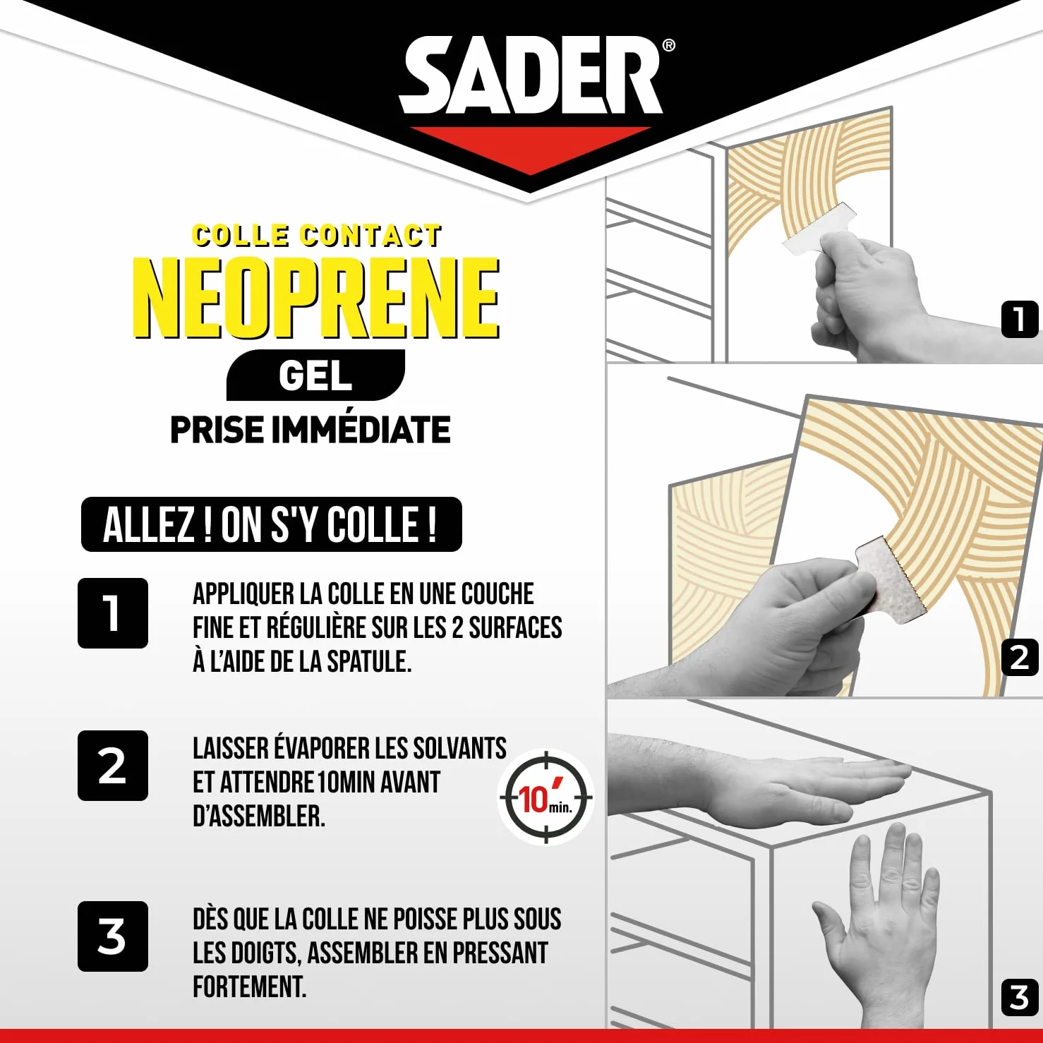 Sader Colle Contact Néoprène Gel – Colle Extra Forte Tous Matériaux – Prise Immédiate – Idéale pour Supports Poreux ou Verticaux – Spatule Incluse – Boîte de 250 ml