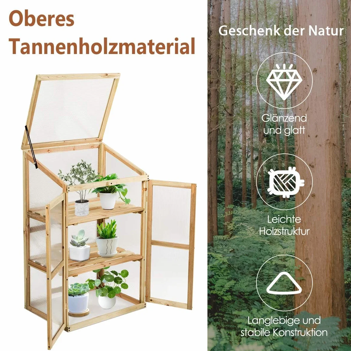 FANTASK Serre surélevée 3 étages Bois résistant intempéries 2 Portes Couvercle Polycarbonate 60x45x100 cm Naturel