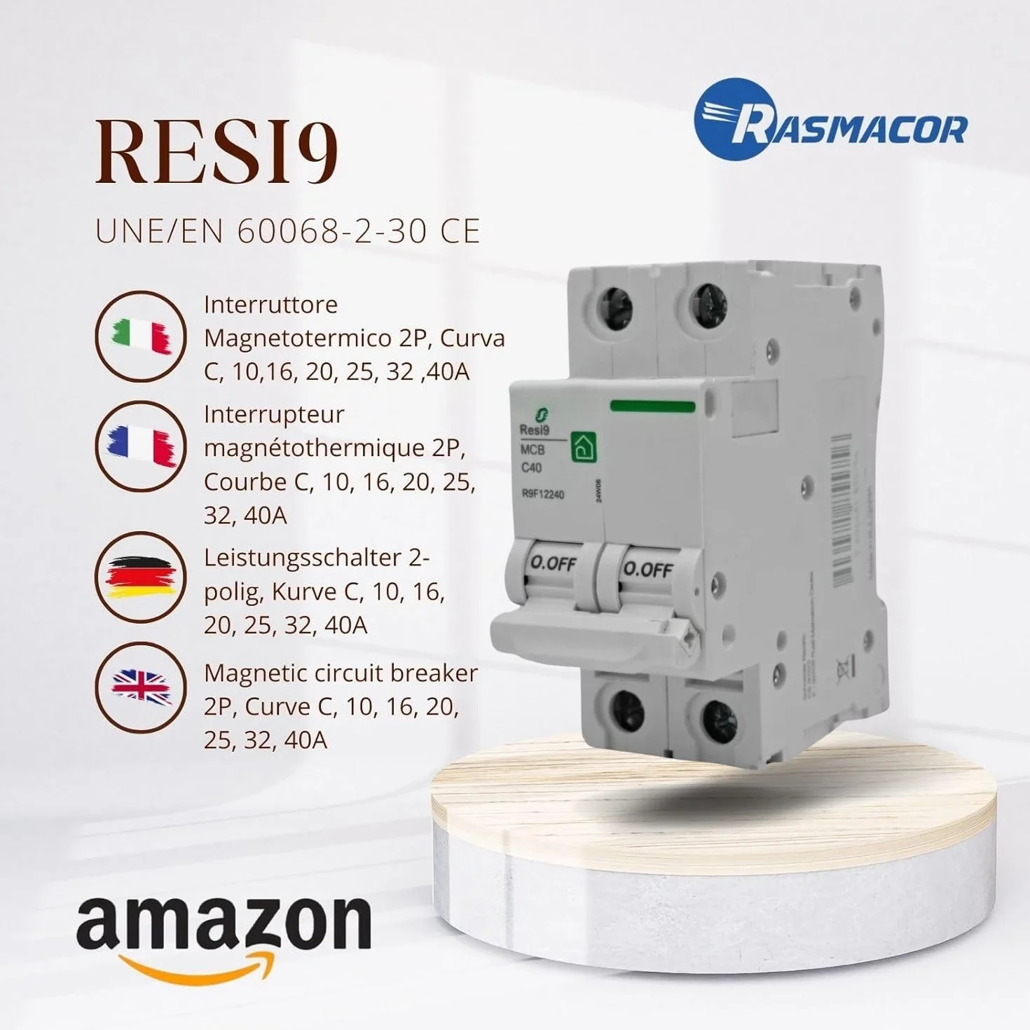 RASMACOR | Interrupteur magnéto-thermique résidentiel 2P 40 A | Disjoncteur 2P 40A | RESI9 R9F12240 | Courbe C | Fréquence 50/60 Hz | Norme UNE/EN 60898-1 CE | 40 Ampères