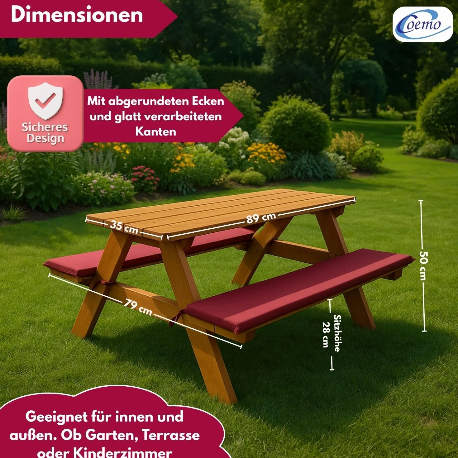 Coemo Salon de jardin stable pour enfant avec rembourrage Table de pique-nique en bois