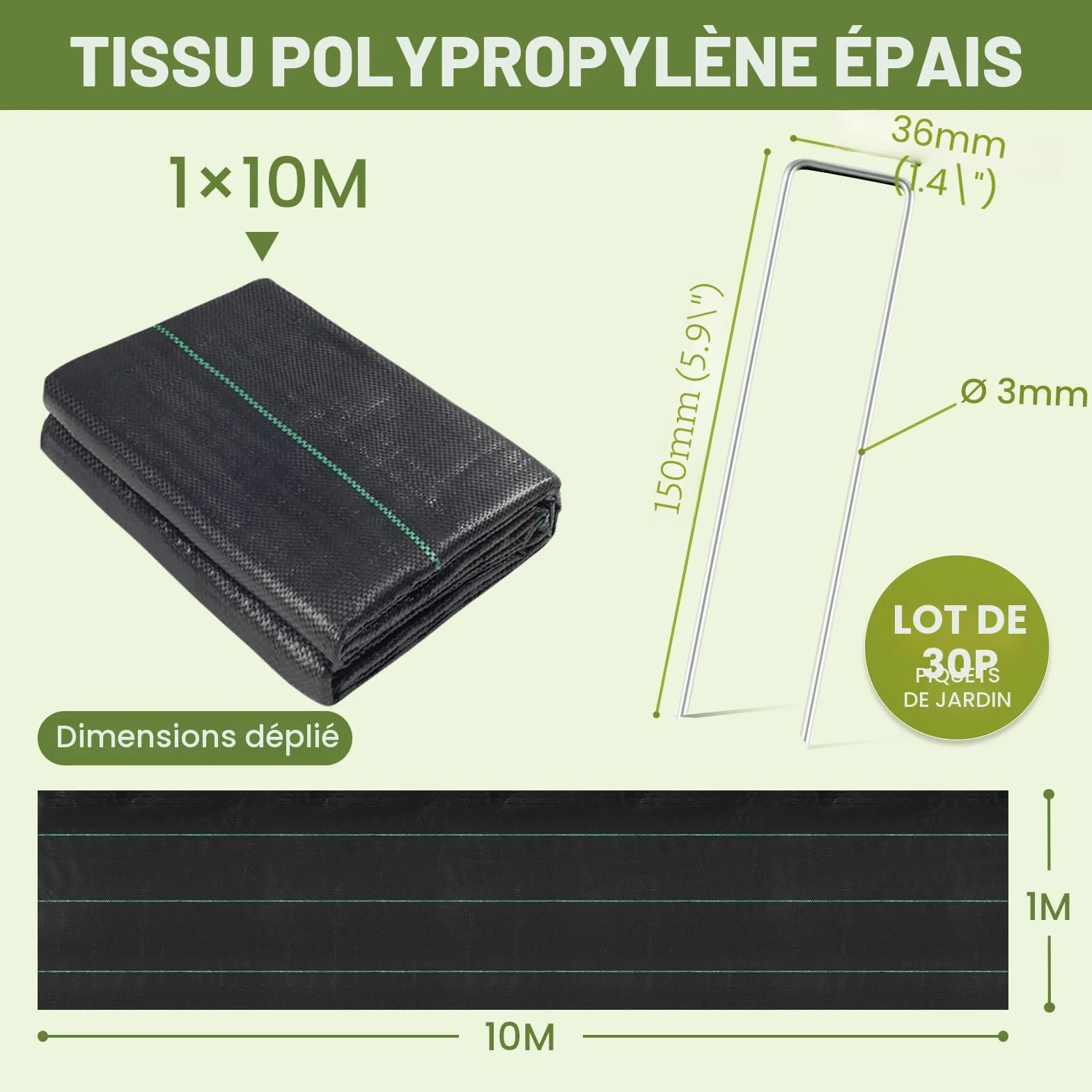 Velway Toile de Paillage 1x10M 30 Piquets Géotextile 100g/m² Perméable Résiste UV Anti Mauvaises Herbes