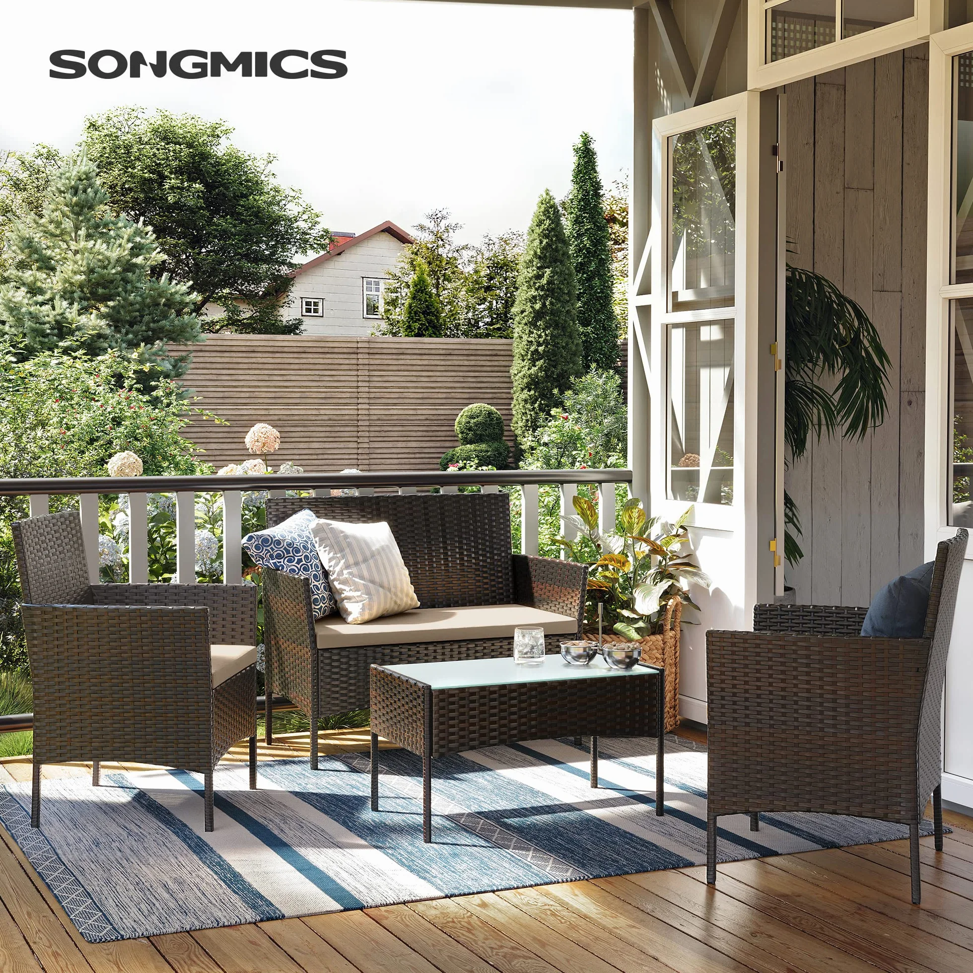 SONGMICS Salon de Jardin Extérieur 4 Places Résine Tressée PE, Table + 2 Fauteuils + Banquette 2 Places, Marron et Taupe
