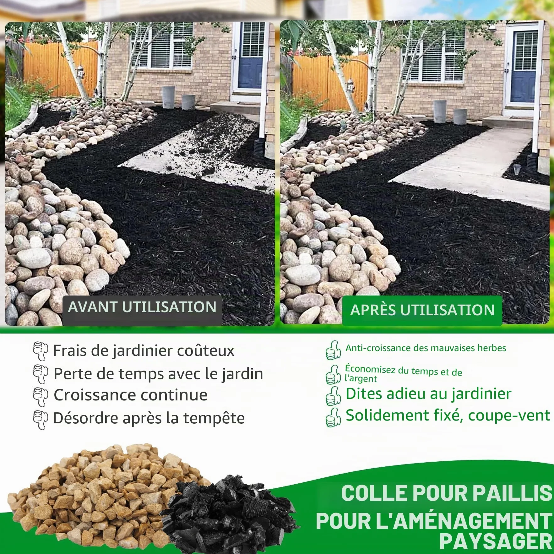 Kiesbinder Colle de gravier en résine avec applicateur pour coller les pierres, le gravier, l'écorce, non toxique, prête à l'emploi, colle de paillage pour feuilles, aménagement paysager, allées de