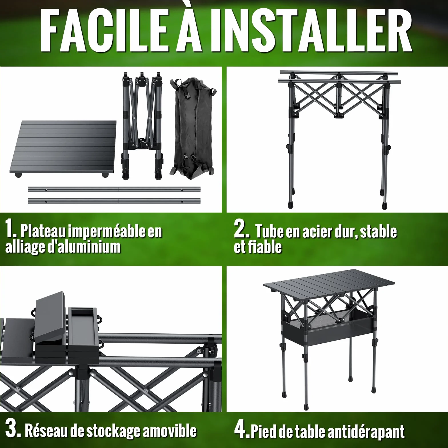 GARLLEN Table de Camping Pliante Portable Deux Réglages de Hauteur Imperméable 3-4 Personnes