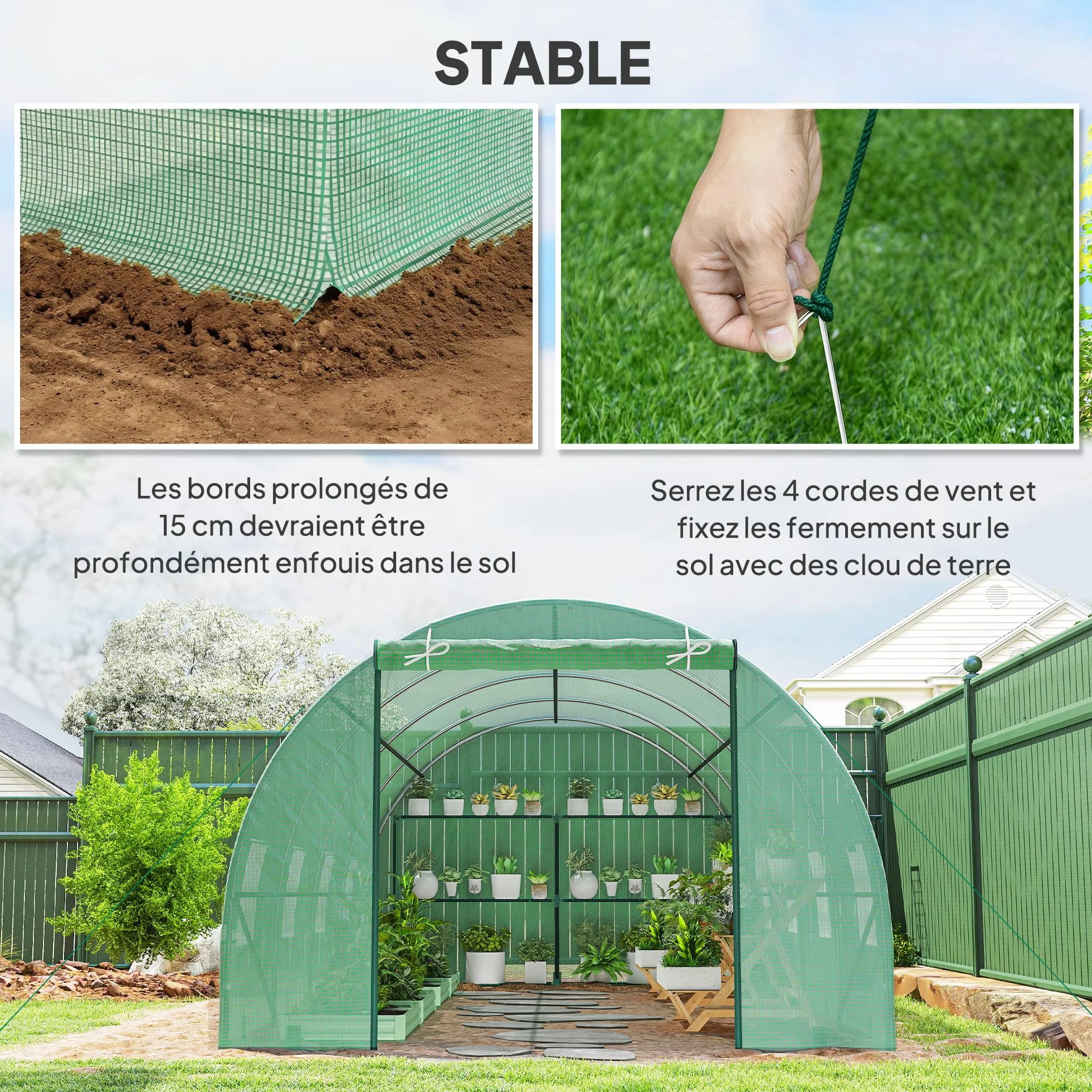 Serre de Jardin Tunnel 6L x 3l x 2H m Acier galvanisé renforcé 2,5 cm 8 fenêtres 1 Porte Vert