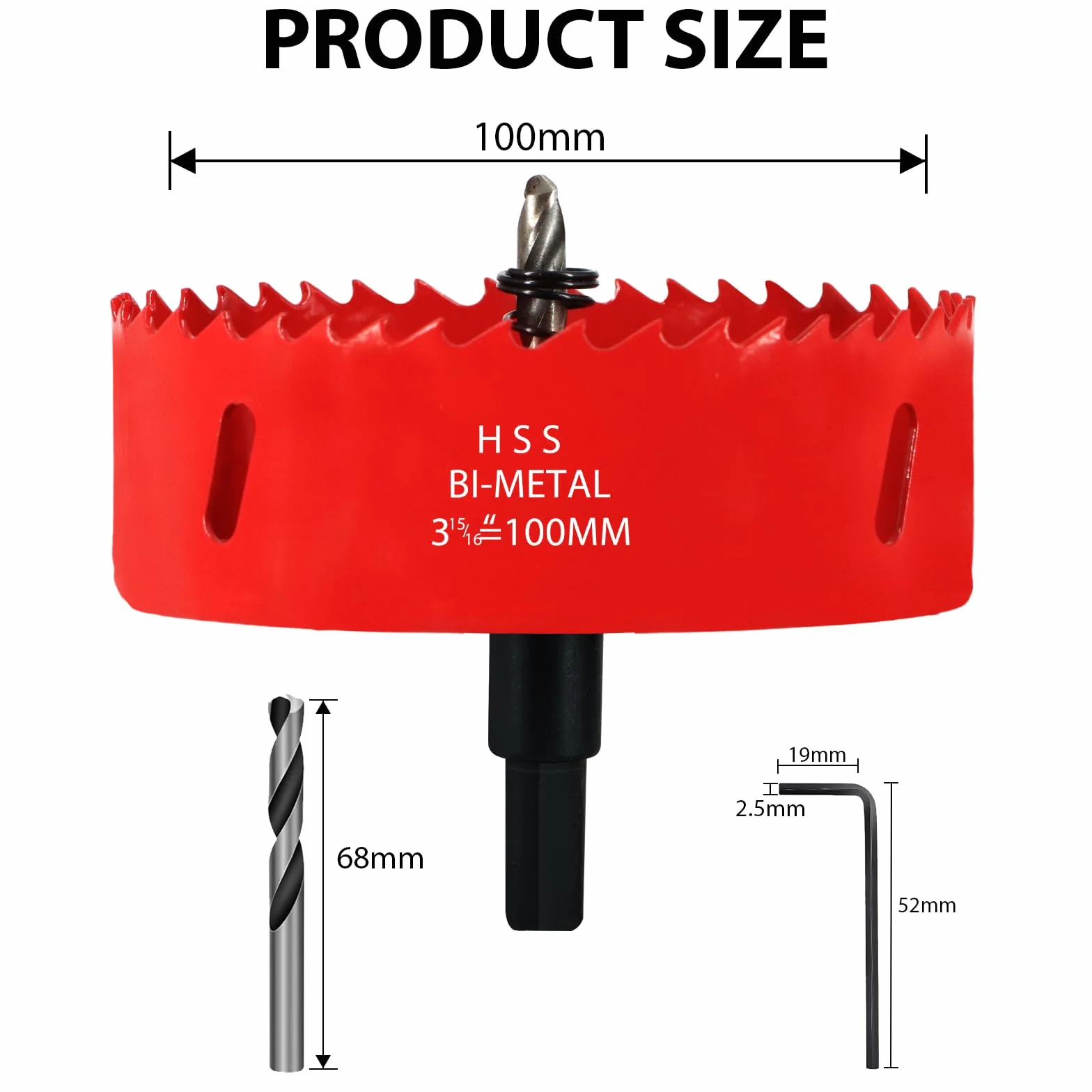 Scie Cloche Bi-métal 100 mm, M42 HSS Bimétallique Scie Trèpan, avec Adaptateur de Tige Triangulaire et Foret de Centrage, pour le Bois, Métal Mou, Plastique, Verre, Carrelage, Céramique