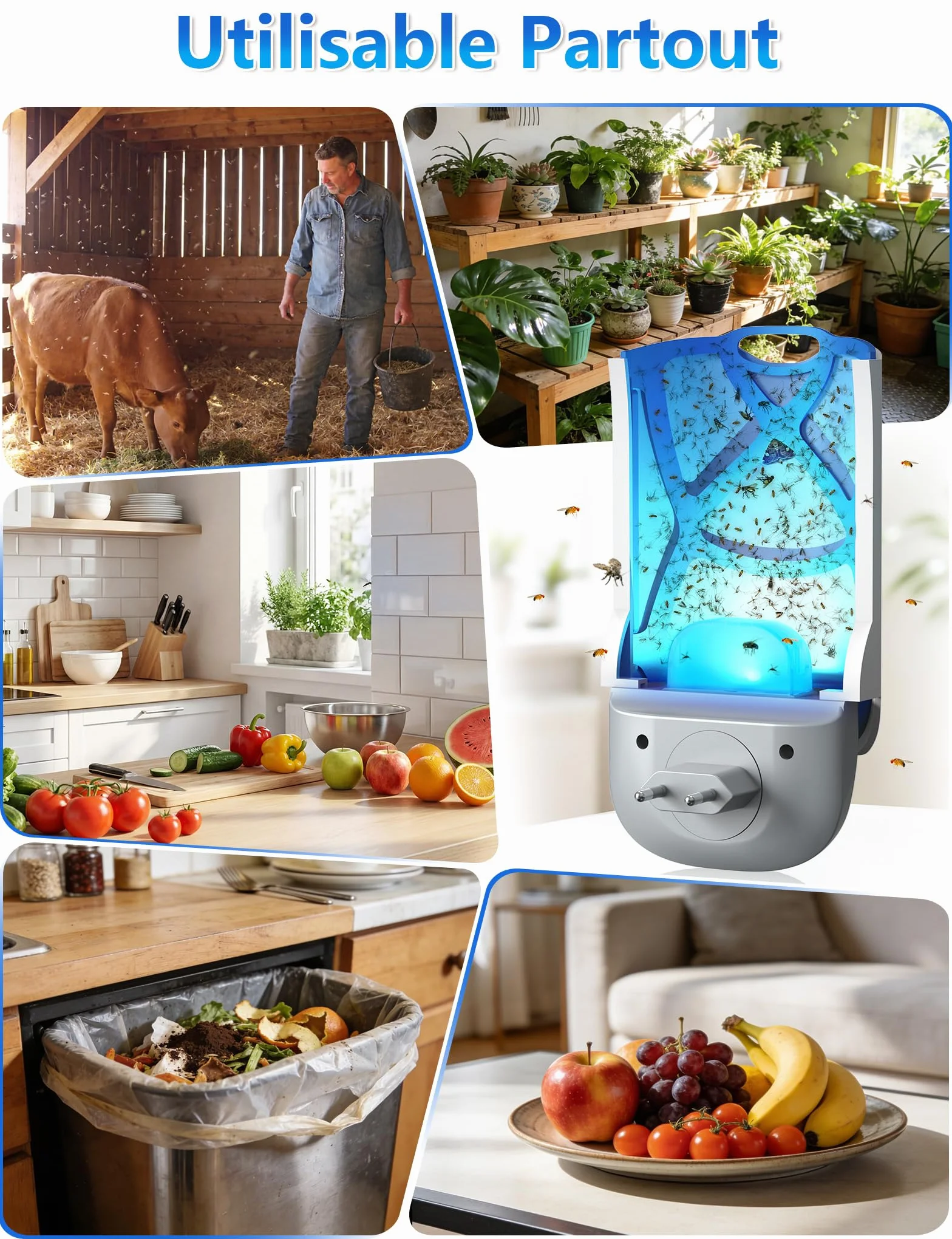 Piège Moucherons Intérieur UV avec Prise Rotative 180°, Anti Moustiques, 1 Appareil + 6 Recharges