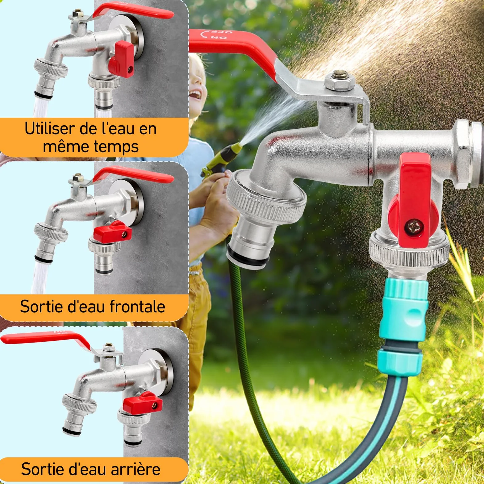 Robinet de Jardin Premium à Double Sortie 1/2" - 3/4" Laiton Argent Aqua Control G6354