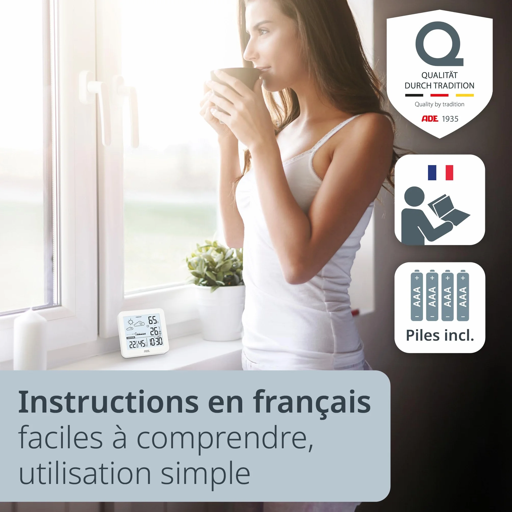 ADE Petite station météo numérique avec capteur extérieur, prévisions météo, température, humidité, horloge radiopilotée, réveil, blanc