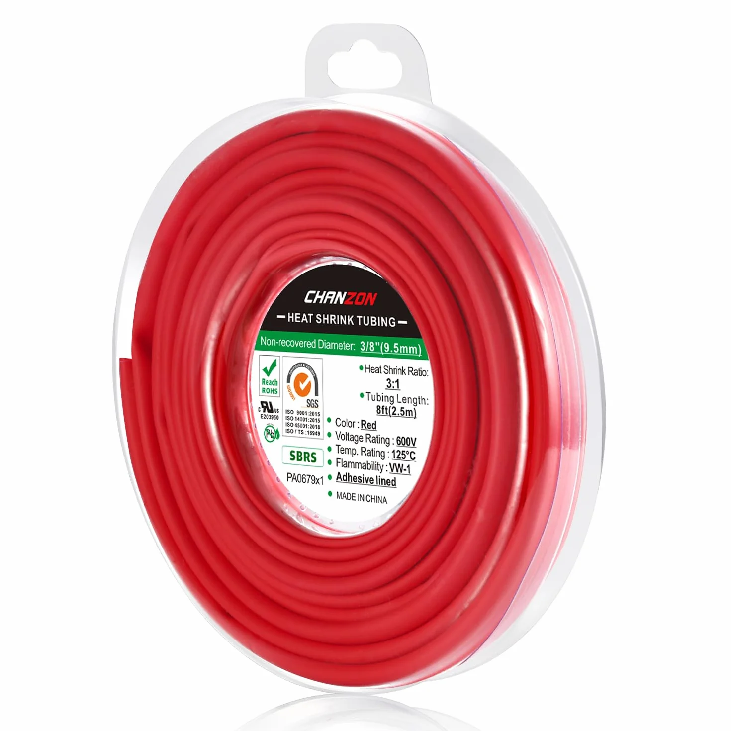 Chanzon Gaine thermorétractable 3:1 Ratio 3/8" (9,5 mm) Doublure adhésive imperméable de qualité marine Rouleau de 8 pieds (longueur totale de 2,5 m) Gaine en polyoléfine rouge rétractable 1 pièces